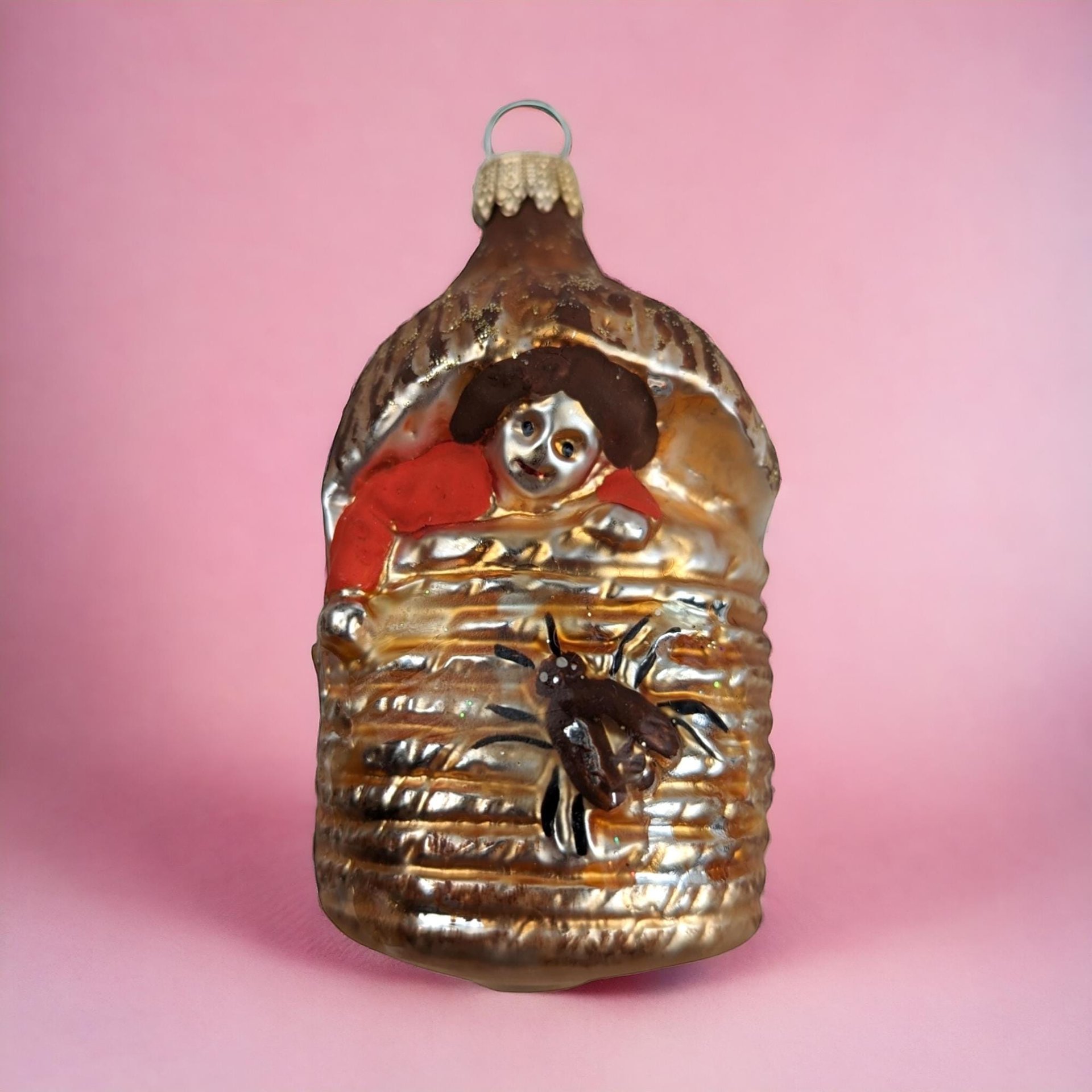 Vintage Blown Glass Christmas Ornament, Baby in Beehive, Unique Figural Ornament