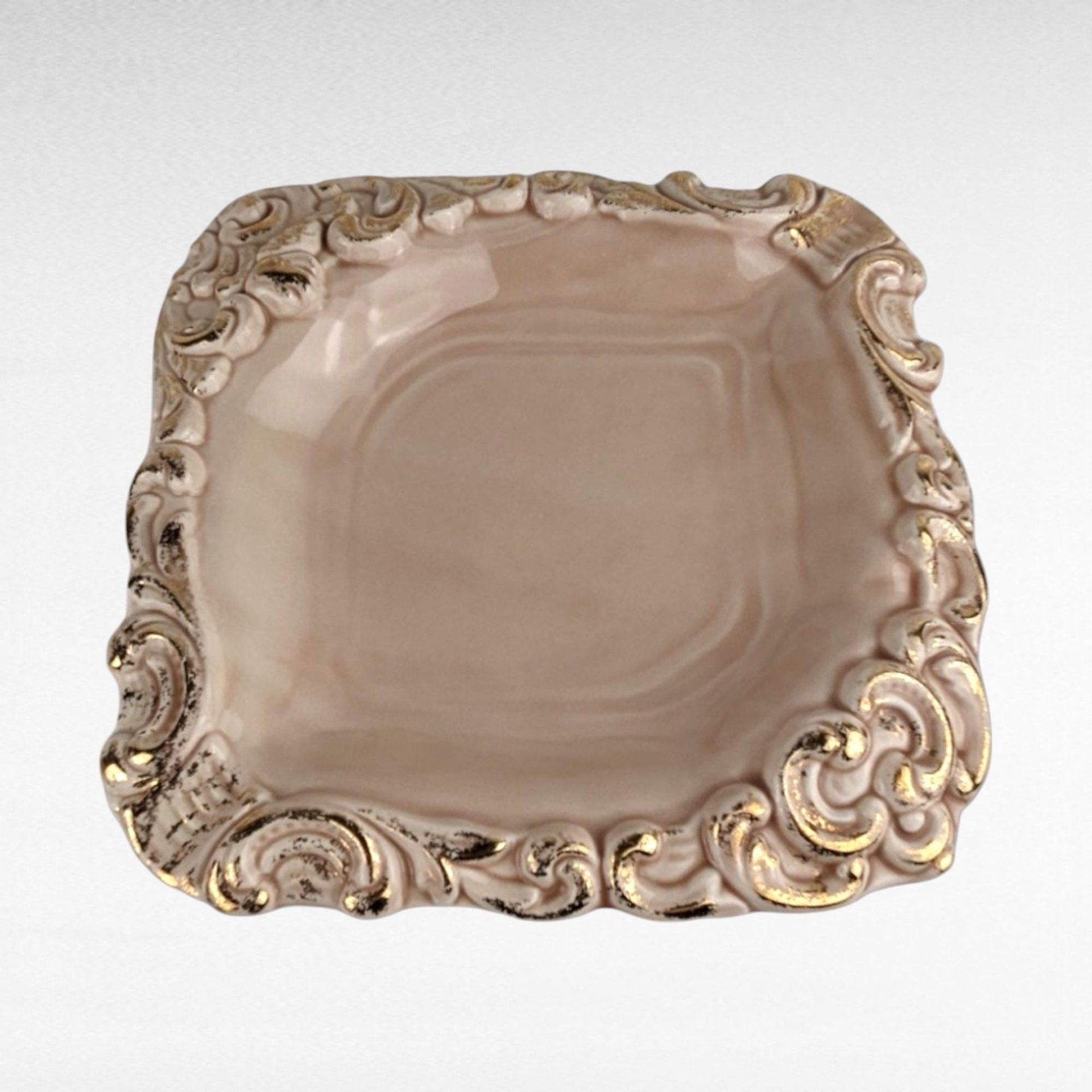 Vintage Pink Floraline Ceramic Ashtray - Florence Ceramics - Ornate Gold Trim - Mid-Century Modern Decor
