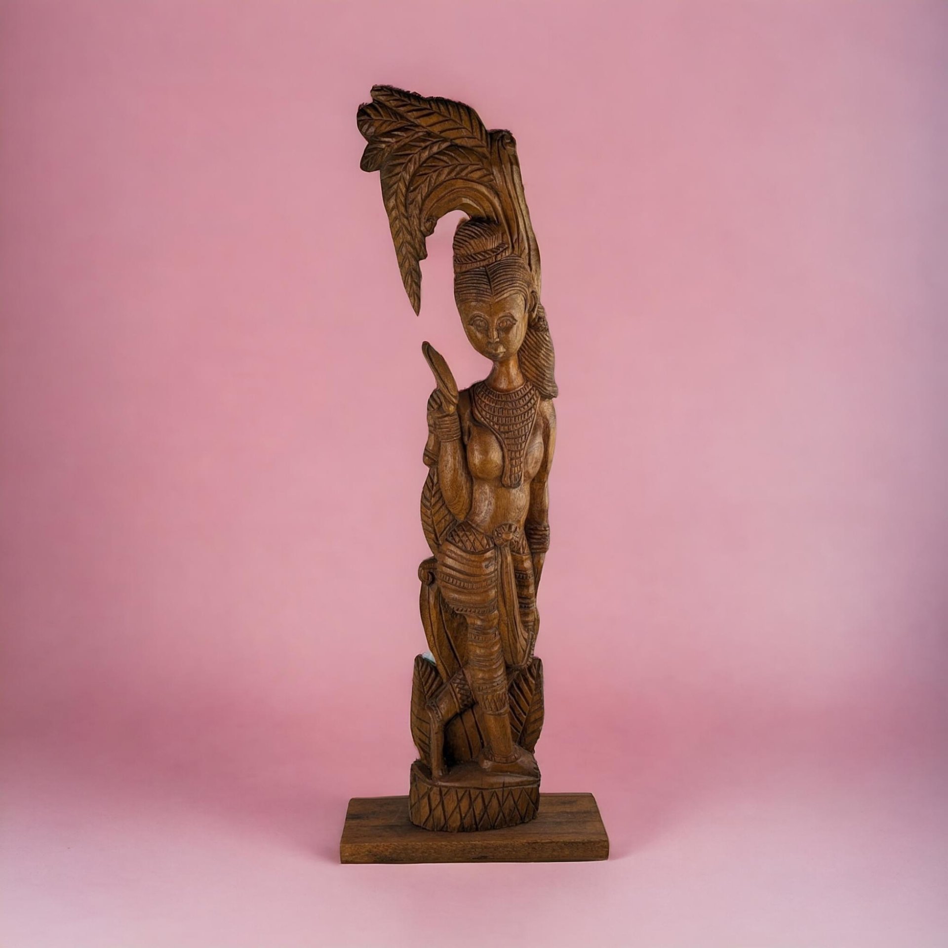 Vintage Hand-Carved Wooden Woman with Palm Frond Sculpture - 27" Tribal Art - Wood Statue - African Art