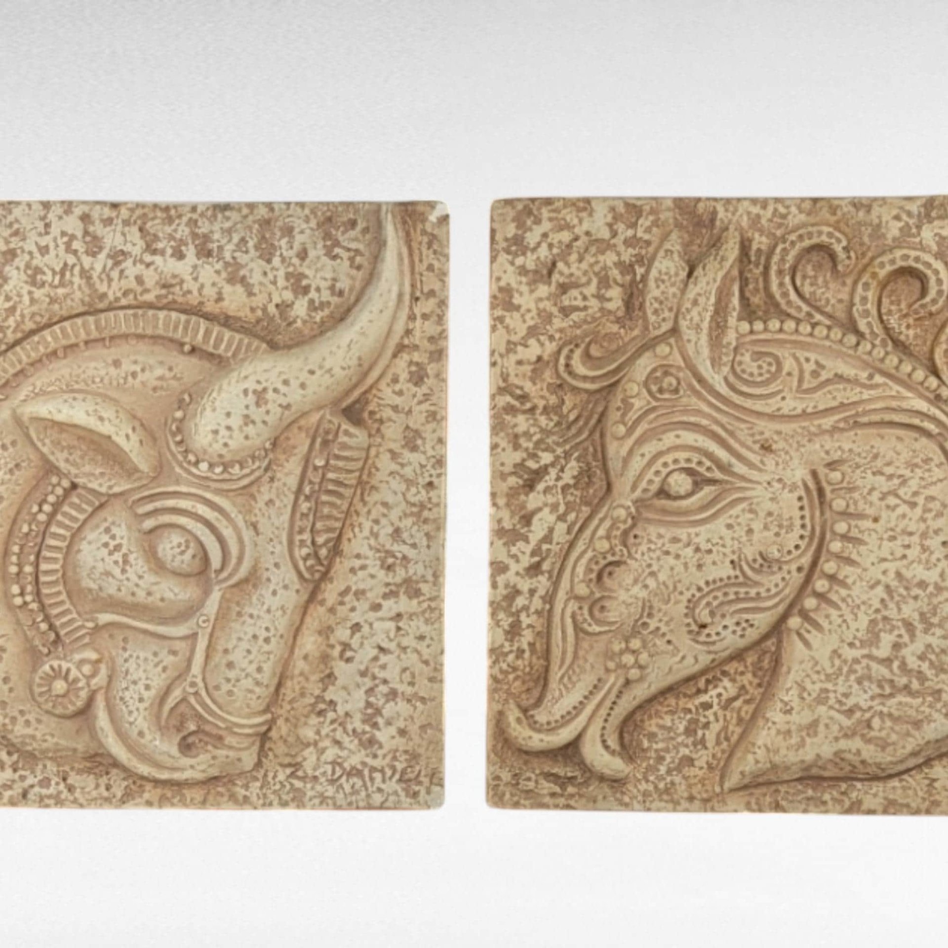 Pair of Vintage Z. Danjell Creations Greek Wall Plaques - Horse and Bull - Plaster Relief Art - Classical Decor - Textured Wall Hangings