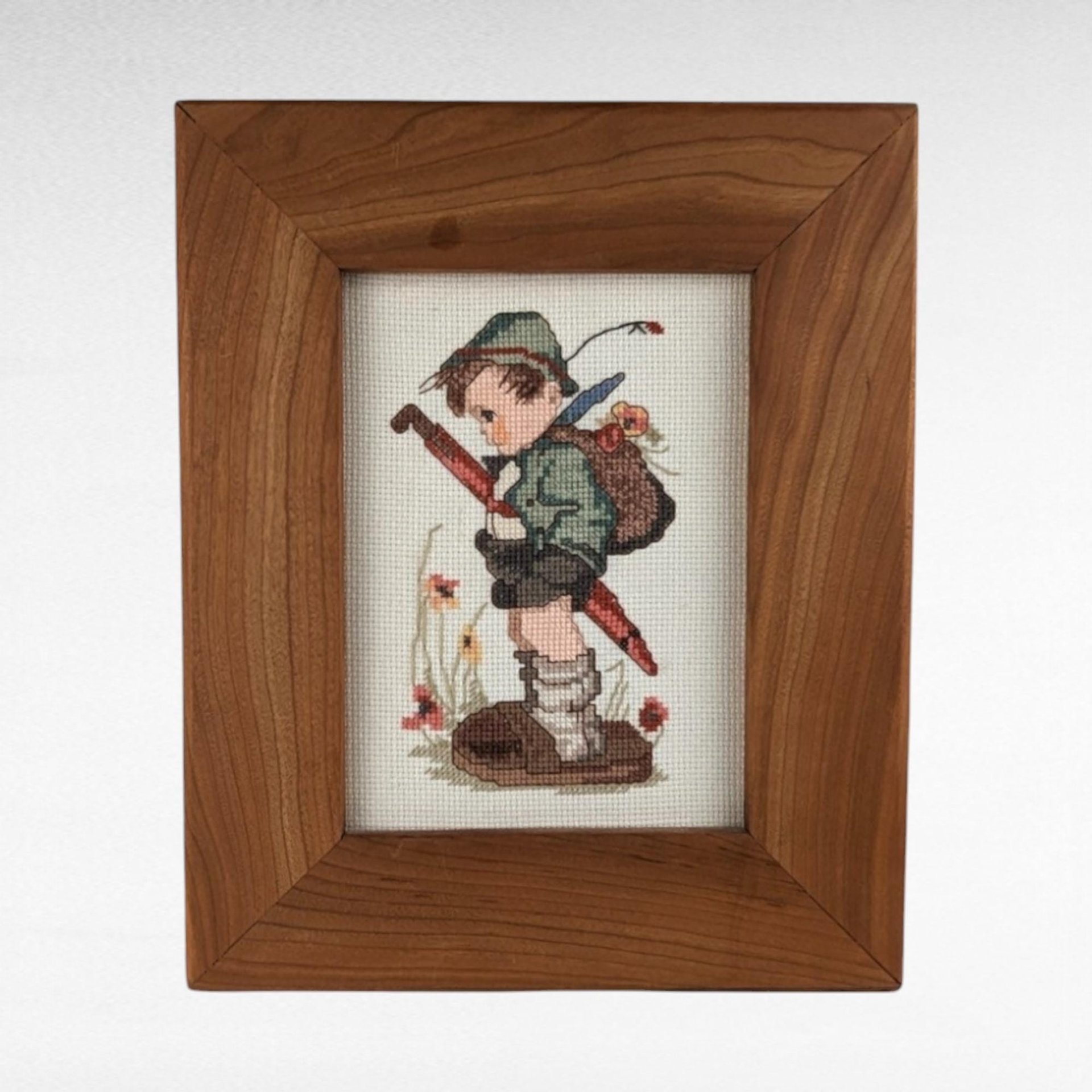 Vintage MJ Hummel "It Looks Like Rain" Cross Stitch - Framed Hummel Embroidery - Handmade Wall Decor
