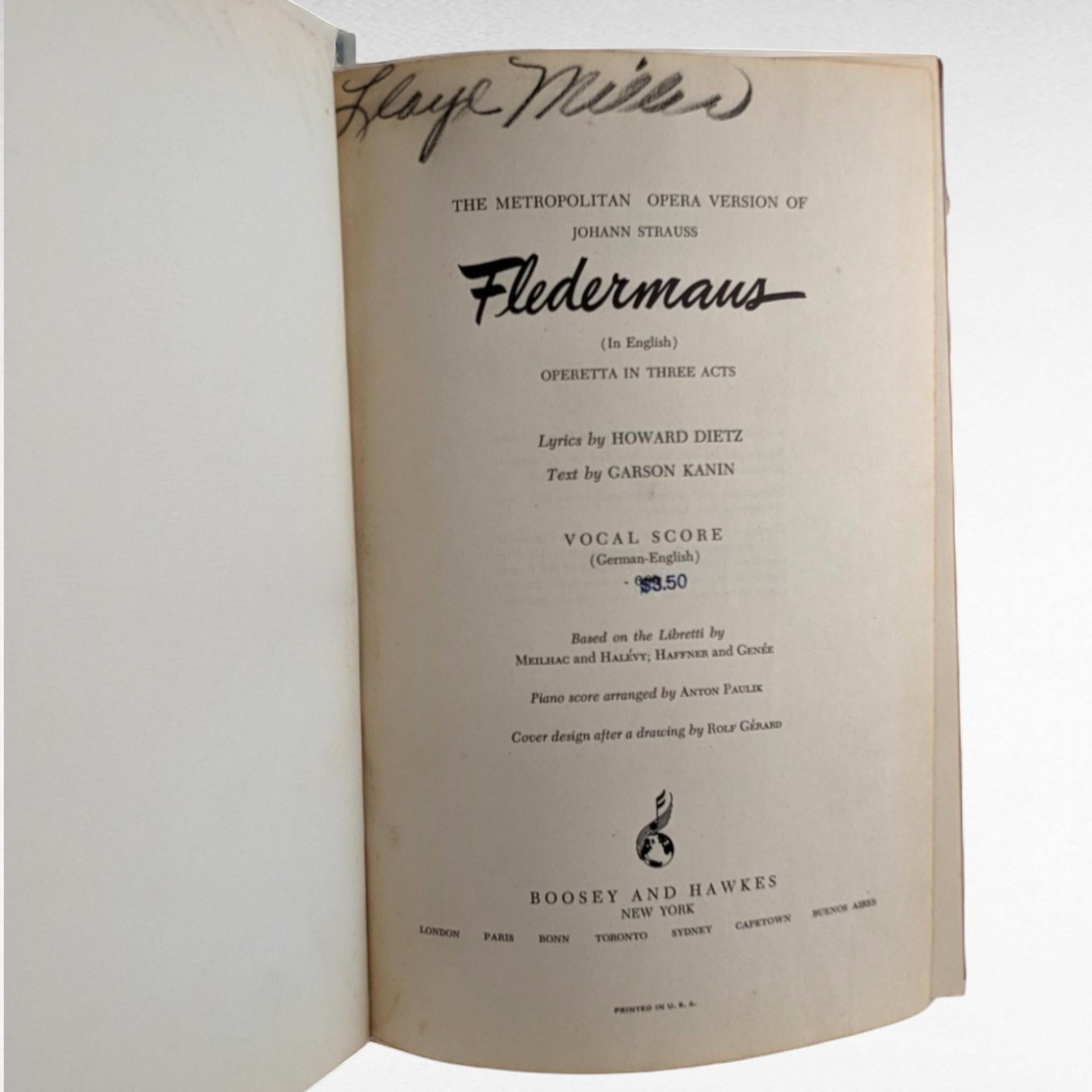 1951 "Fledermaus" Vocal Score - Metropolitan Opera Version - Johann Strauss - Howard Dietz Lyrics