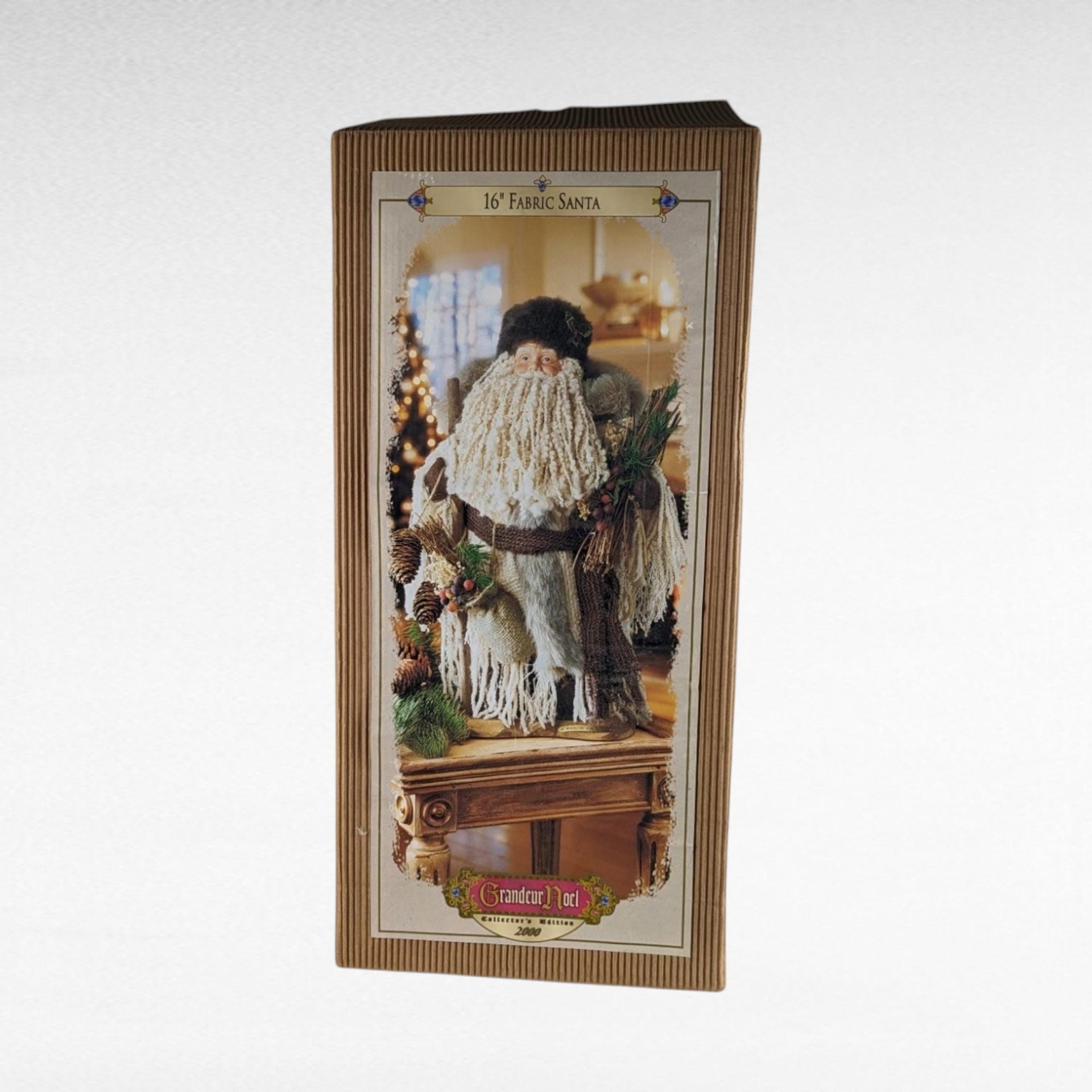 2000 Grandeur Noel 17" Fabric Santa with Box - Vintage Christmas Decor - Holiday Figurine - Collectible Santa Claus