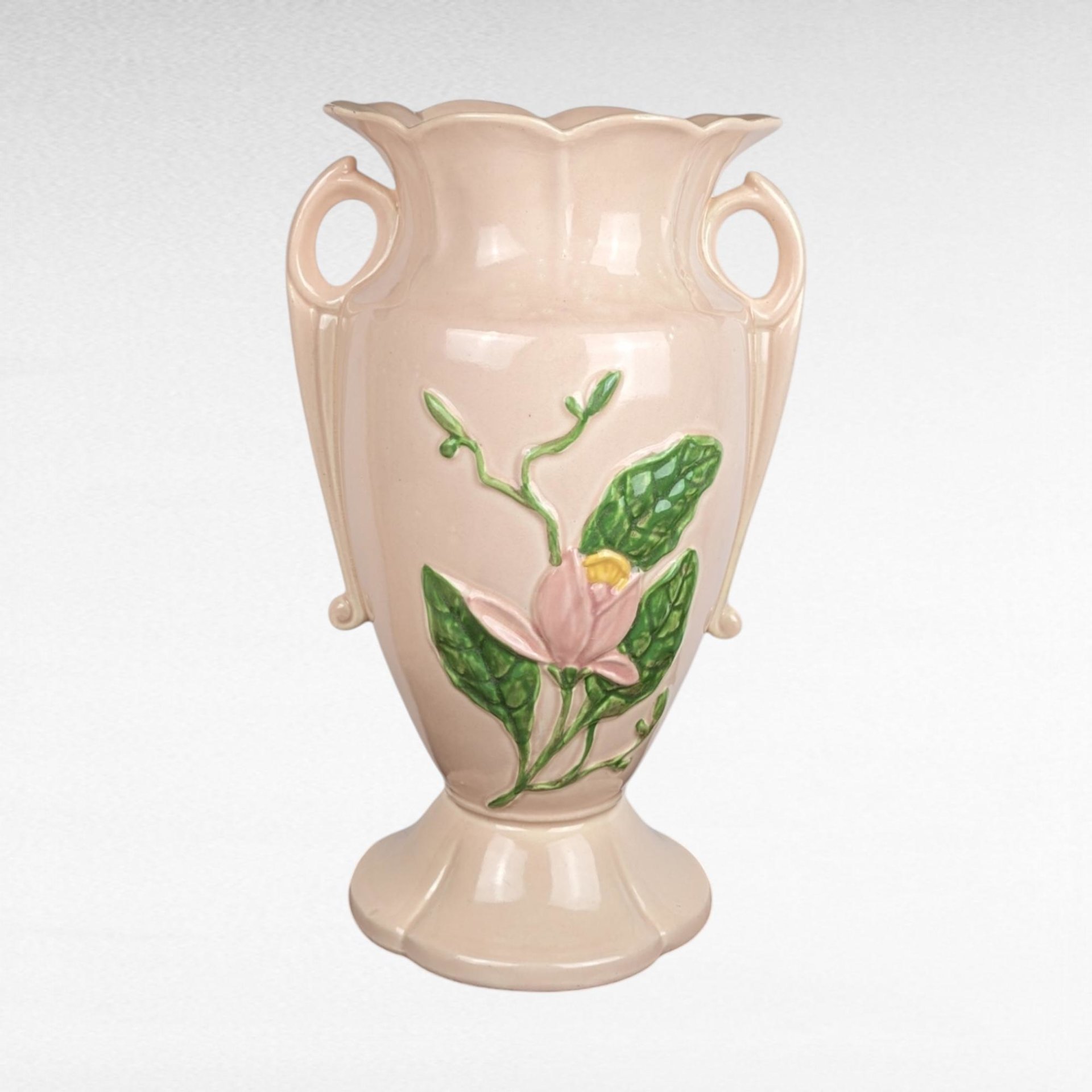 Pair of Imperfect Vintage Hull Pottery Magnolia Vases | Pink Hull Vases | Art Deco Floral Vases | 12.5 Inch Vases
