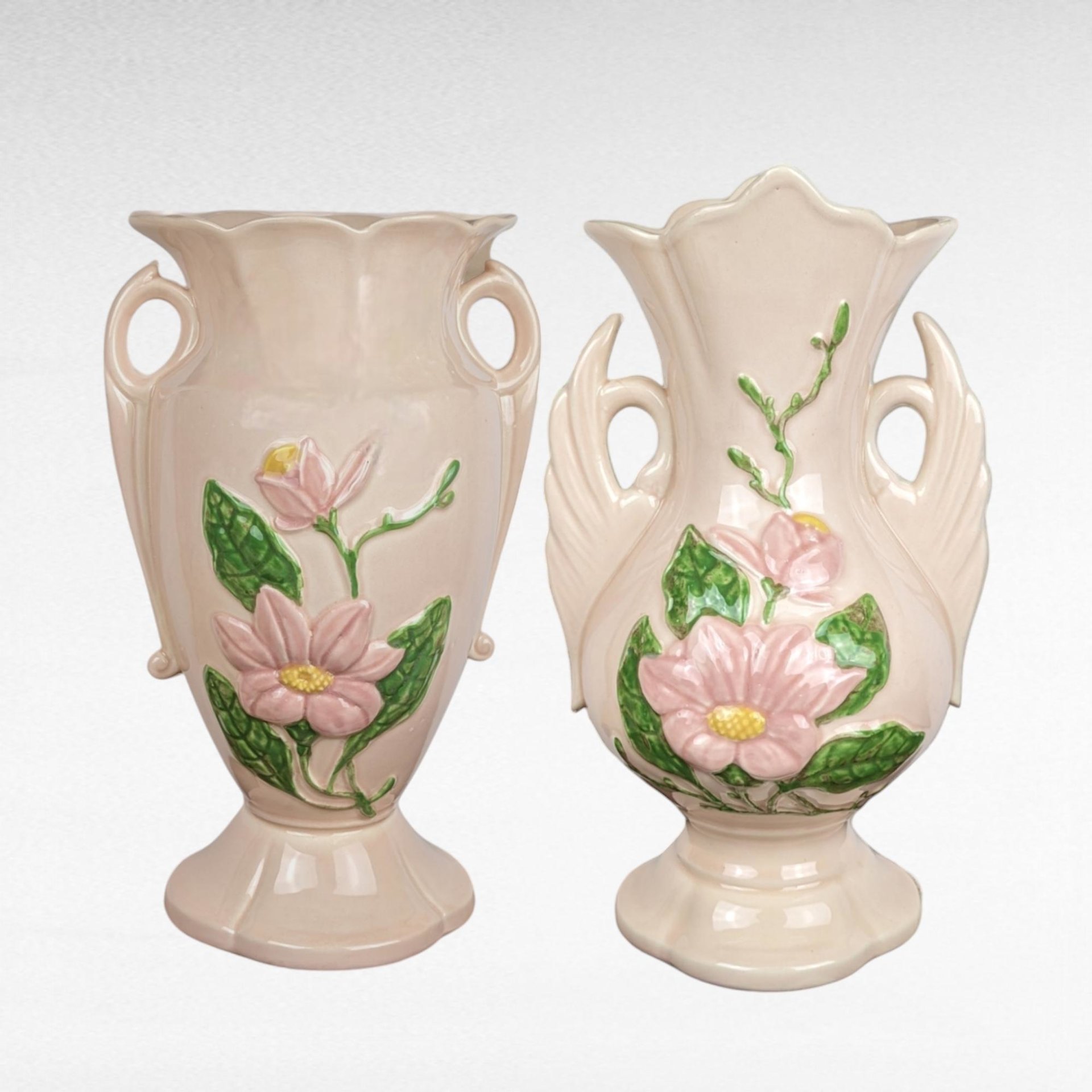 Pair of Imperfect Vintage Hull Pottery Magnolia Vases | Pink Hull Vases | Art Deco Floral Vases | 12.5 Inch Vases