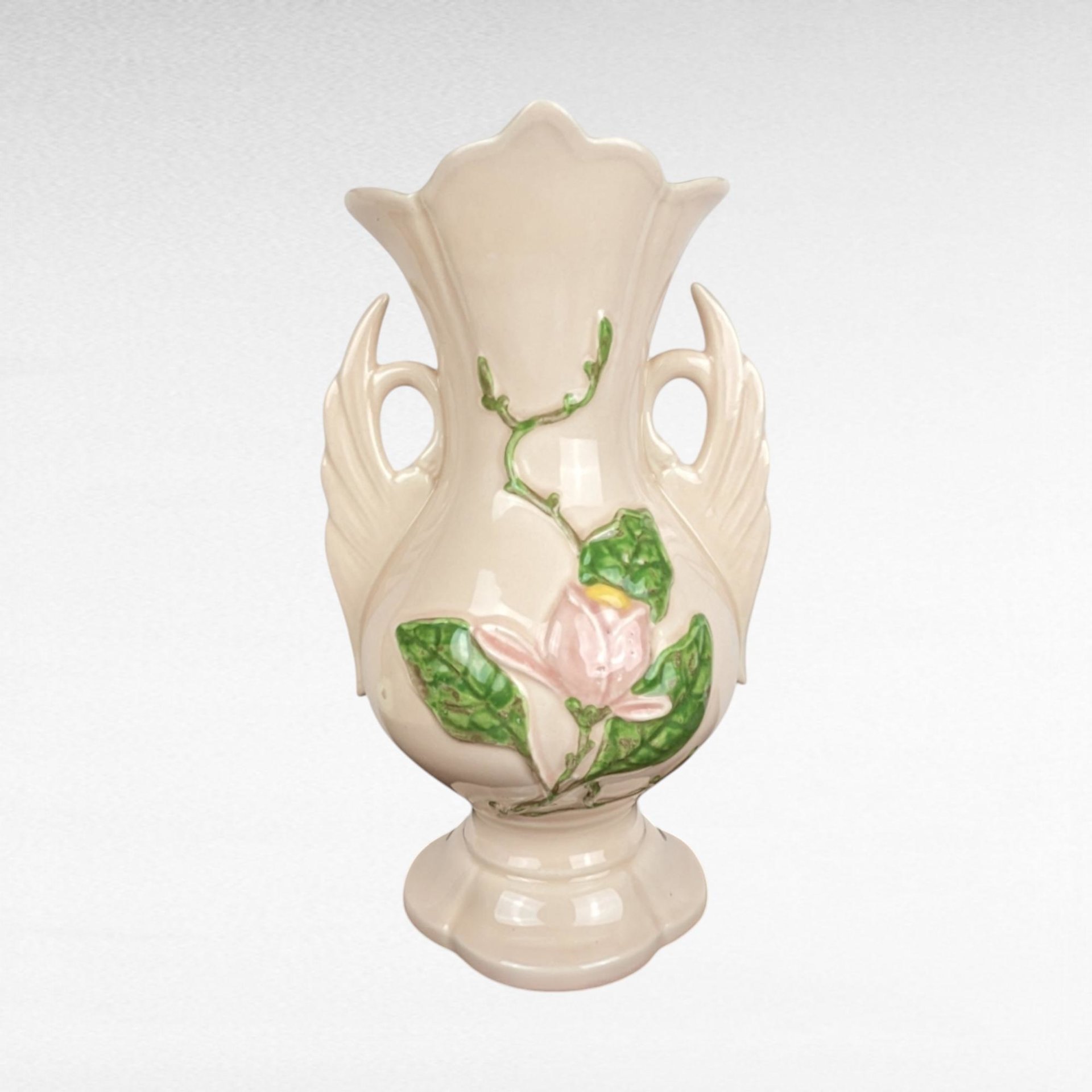Pair of Imperfect Vintage Hull Pottery Magnolia Vases | Pink Hull Vases | Art Deco Floral Vases | 12.5 Inch Vases