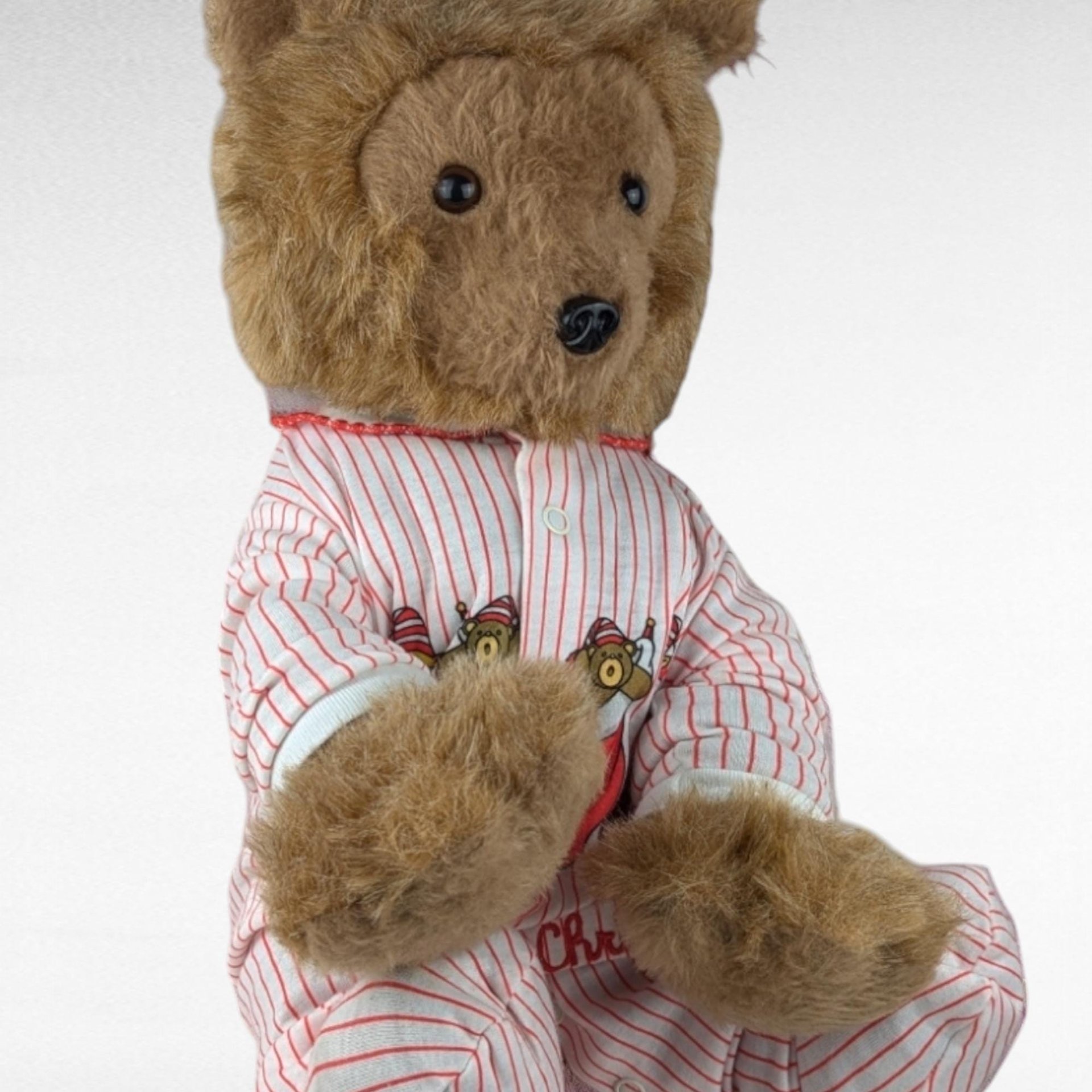 Vintage R. Dakin Bearfoot Plush in Striped Pajamas, 13" Sitting, Collectible Teddy Bear, Gift for Child, Nostalgic Toy