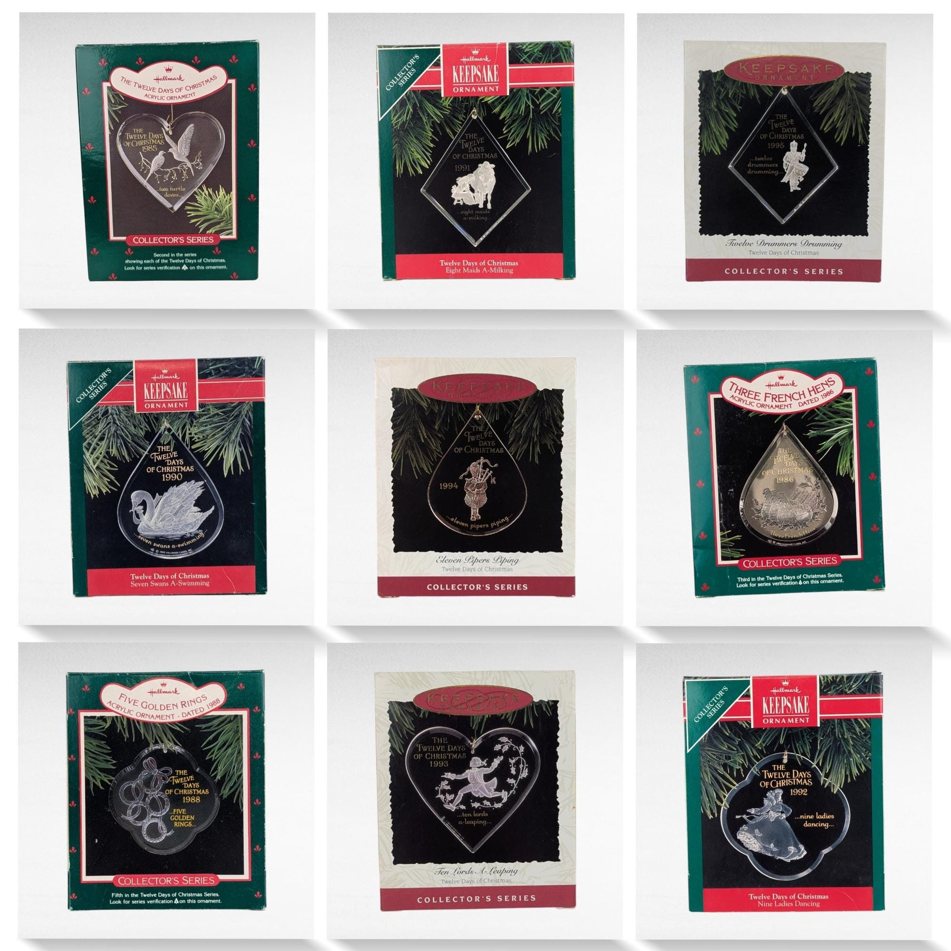 Vintage Hallmark 9 of the 12 Days of Christmas Ornament Lot - 90s Acrylic Keepsake Ornaments with Boxes