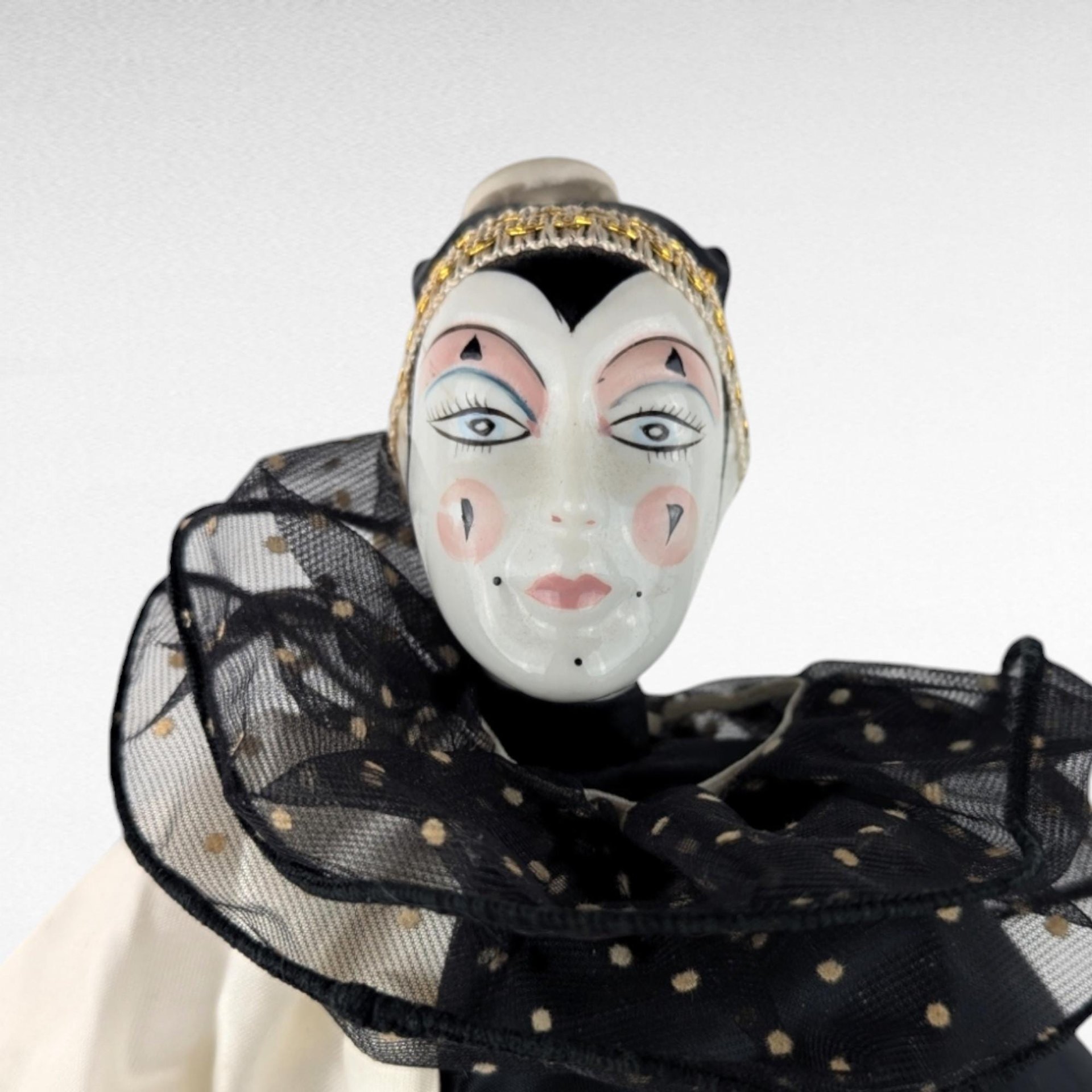 Vintage Harlequin Doll, Black and White Clown Doll, Porcelain Doll, Collectible Doll, 15 Inch Doll, Gift for Doll Collector