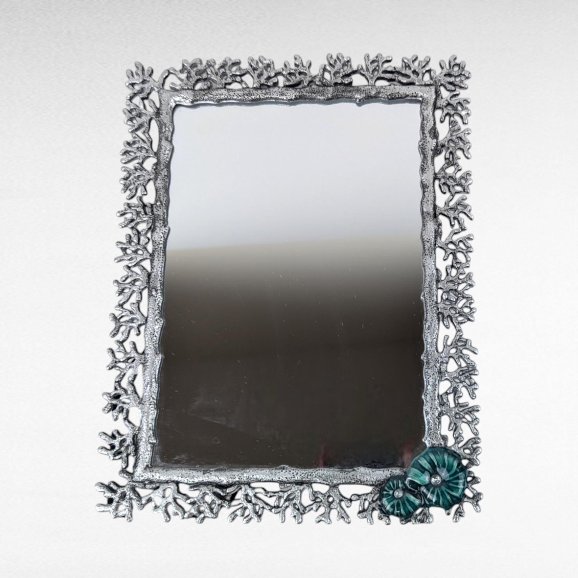 Vintage Pier One Metal & Enamel Mirror, Aqua Conch Shell Accent, Coastal Decor, Beach House Gift, Small Decorative Mirror