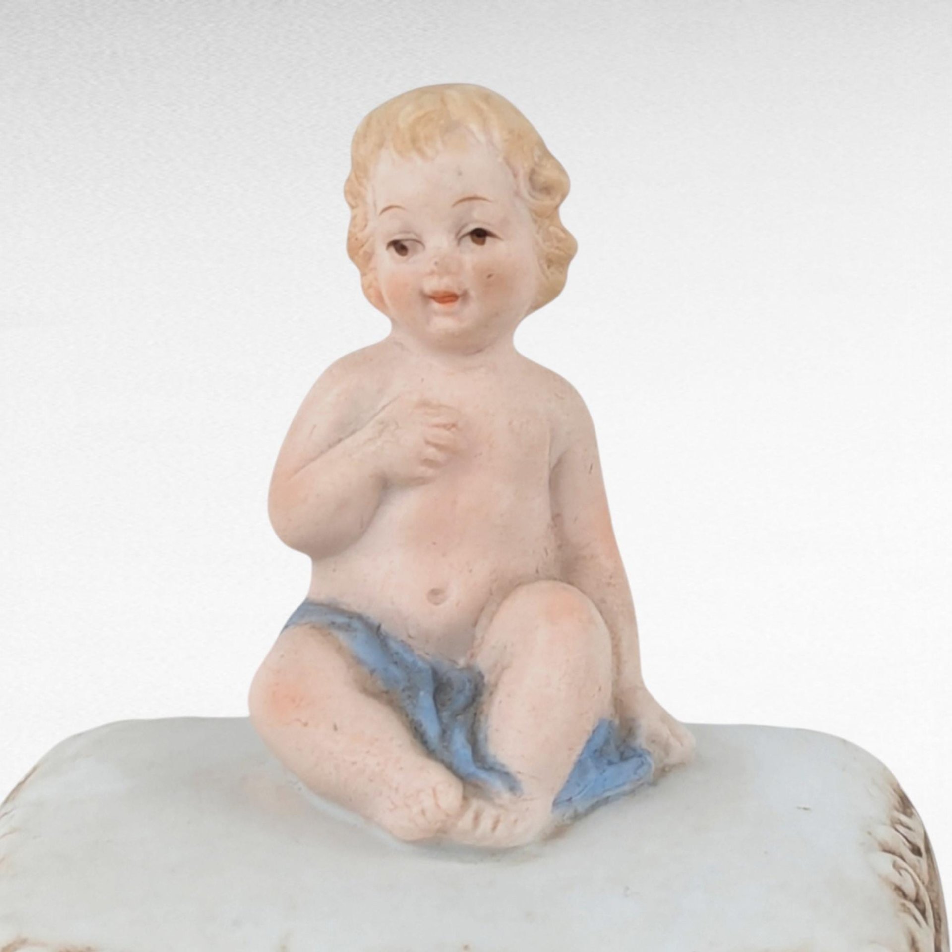 Bisque Porcelain Trinket Box, Baby with Blue Blanket Figurine, Keepsake Box, Nursery Decor, Gift for Baby Shower, Christening Gift