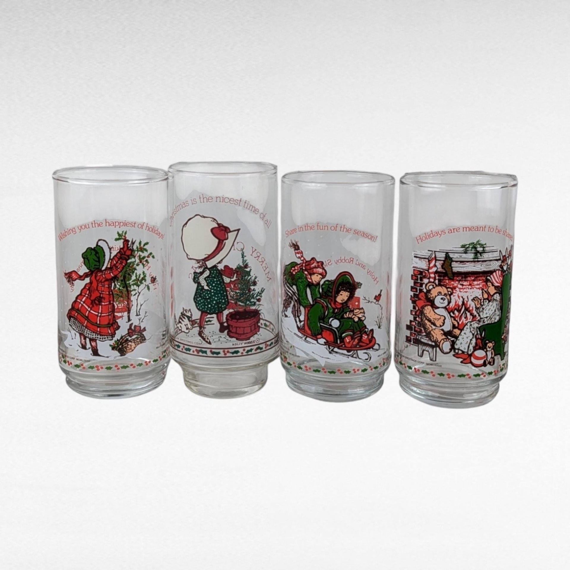 1982 Coca Cola Holly Hobbie Christmas Glasses, Vintage Set of 4 Collectible Holiday Drinkware, Gift for Nostalgia Lovers