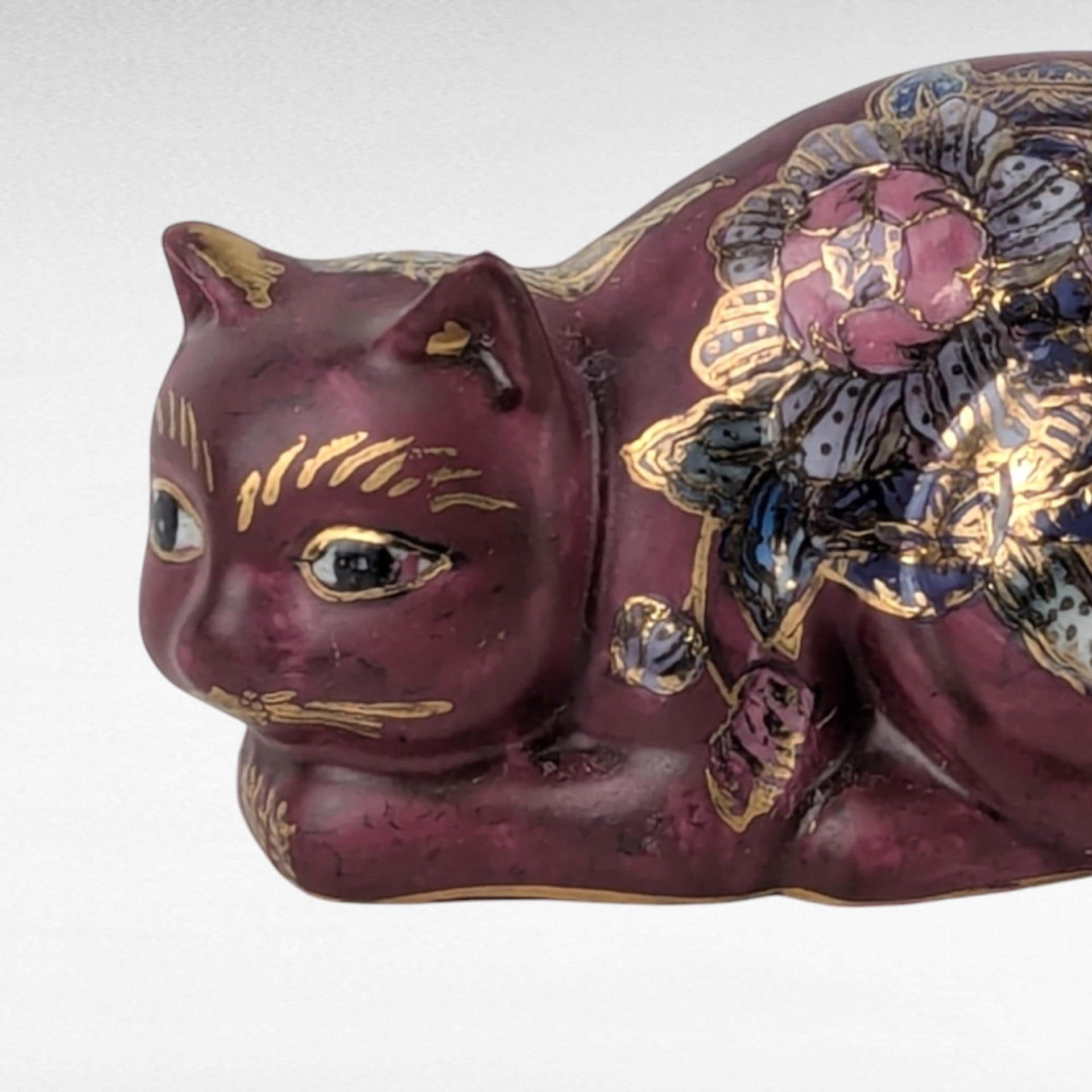 Vintage Fitz and Floyd Ceramic Cat Figurine, Hand-Painted Floral Design, Collectible Cat Decor, Gift for Cat Lovers