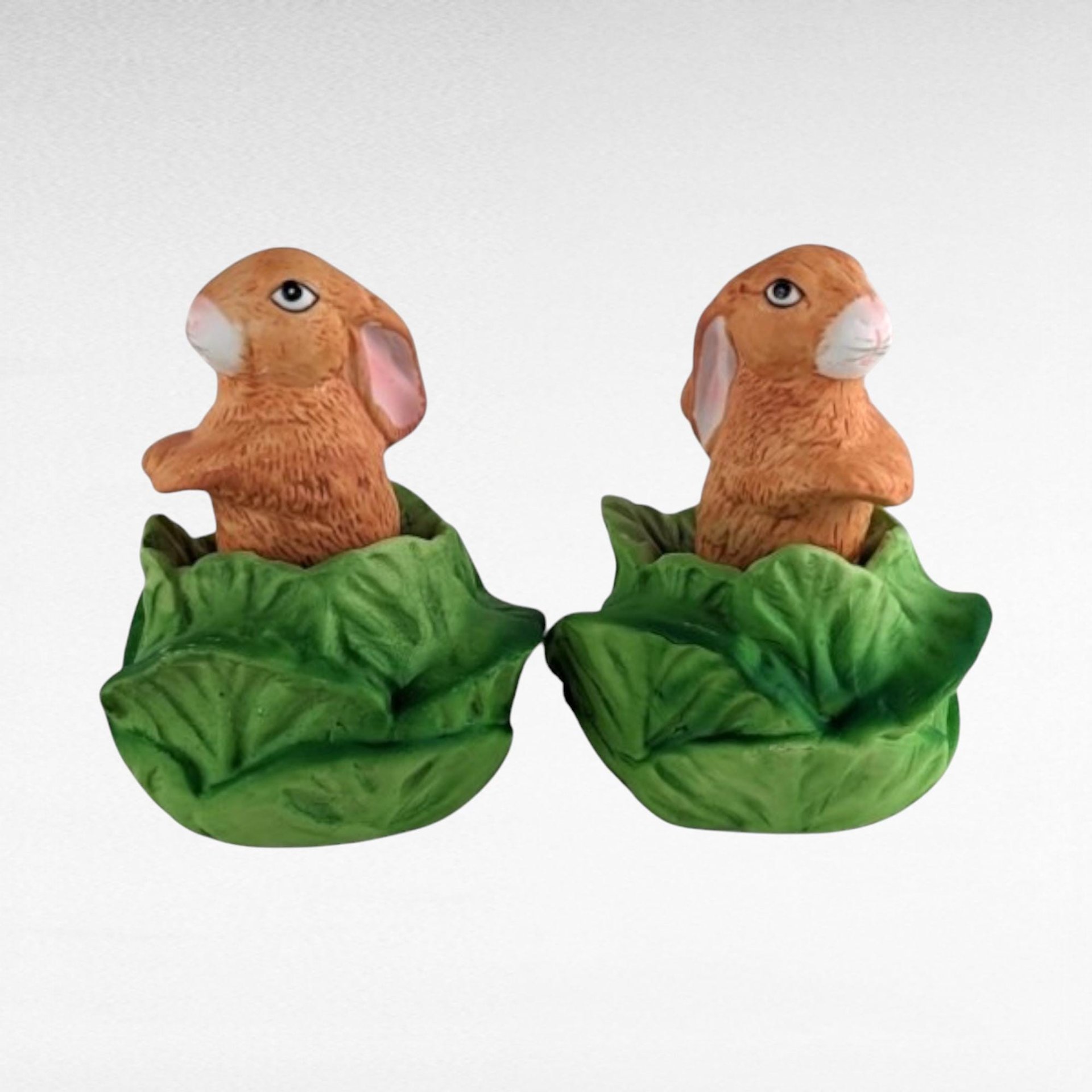 Vintage Bunny Figurines, Pair of Bunnies in Lettuce, Ceramic Bunnies, Easter Decor, Spring Decor, Collectible Figurines