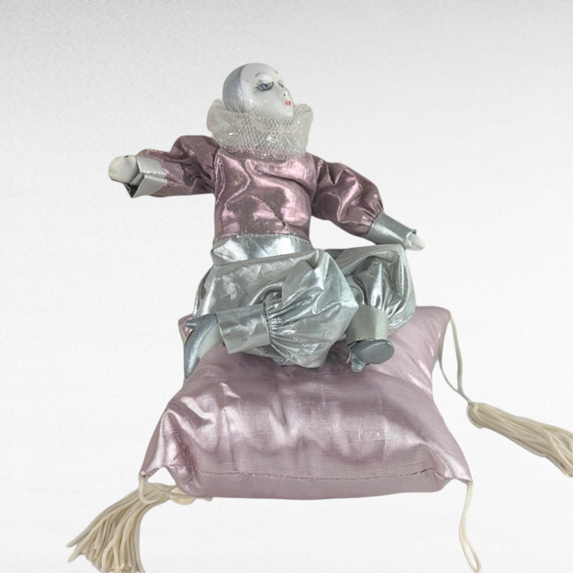 Vintage 6 Inch Harlequin Doll, Pink and Silver Jester Doll on Pillow, Collectible Clown Doll, Unique Gift for Collectors