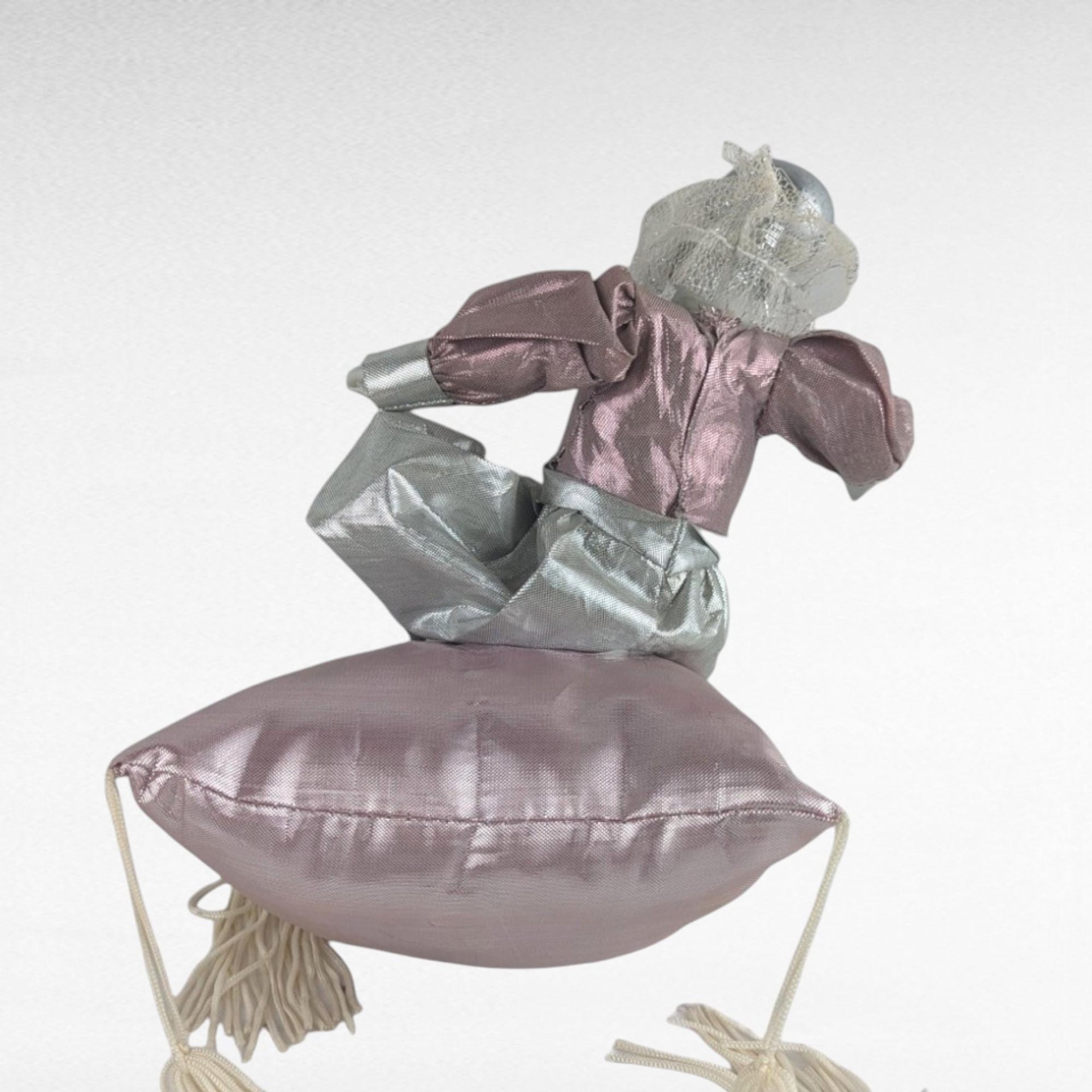 Vintage 6 Inch Harlequin Doll, Pink and Silver Jester Doll on Pillow, Collectible Clown Doll, Unique Gift for Collectors