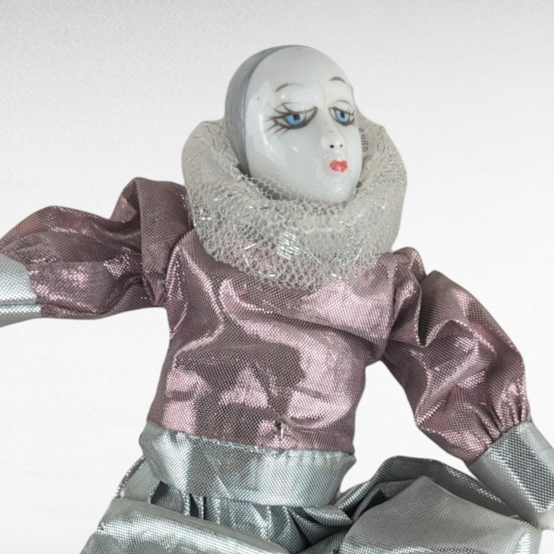 Vintage 6 Inch Harlequin Doll, Pink and Silver Jester Doll on Pillow, Collectible Clown Doll, Unique Gift for Collectors