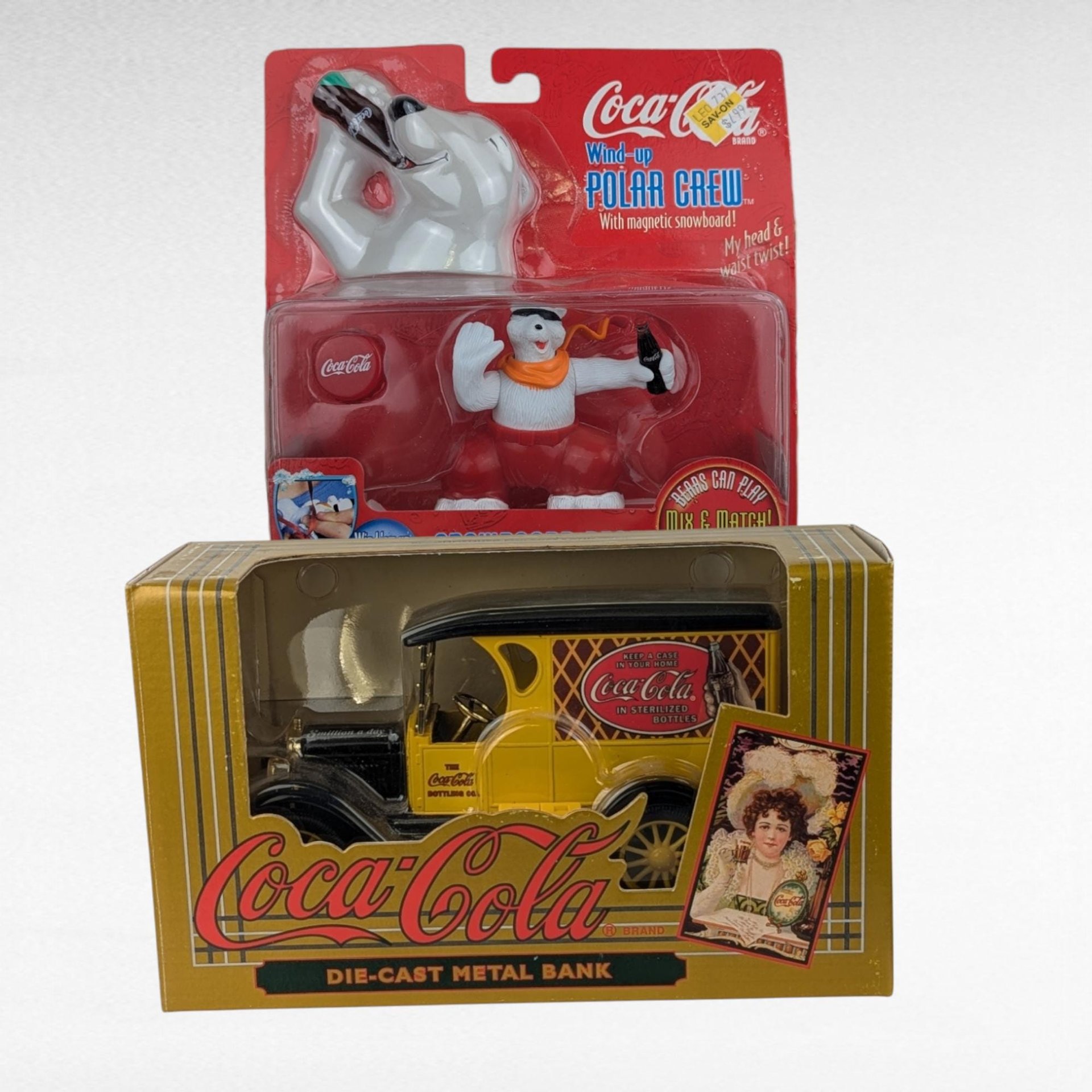 Vintage Coca Cola Polar Bear Snowboard Toy & 1993 Die-Cast Metal Truck Bank, New in Box, Collectible Coca Cola Memorabilia