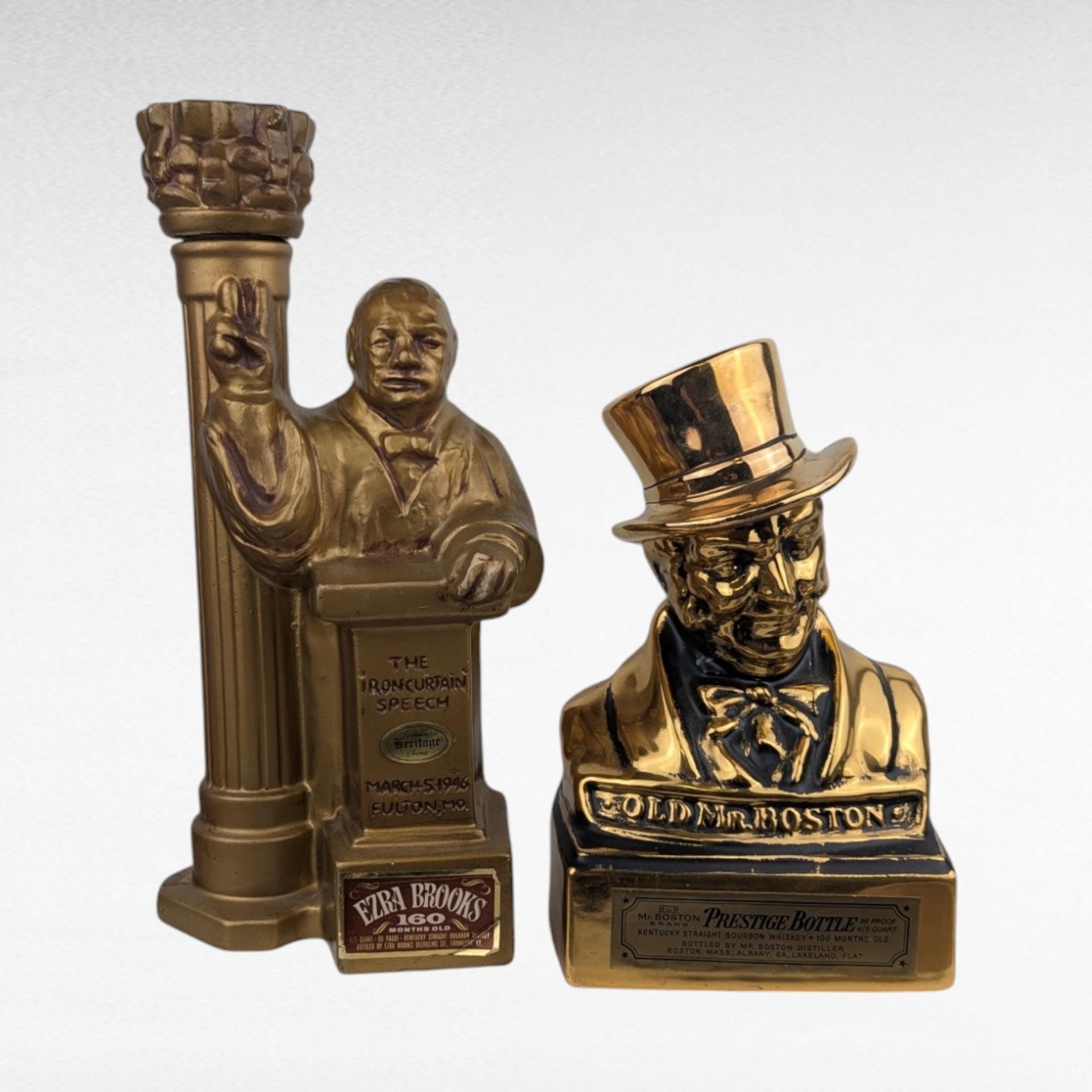 Vintage Old Mr. Boston Whiskey Decanter & 1969 Ezra Brooks Churchill Iron Curtain Speech Decanter, Empty, Collectible Barware, History Buff