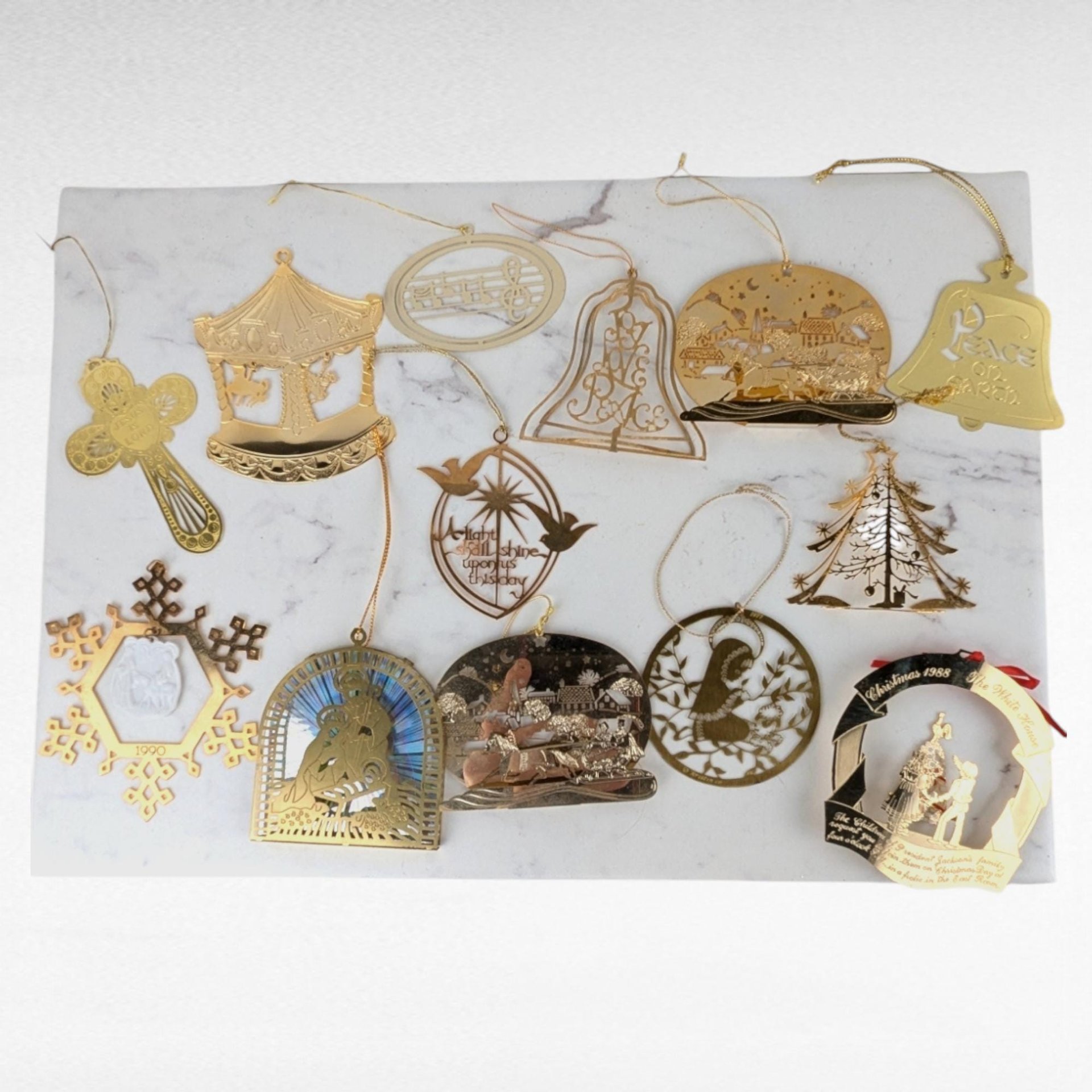 Vintage Gold Tone Christmas Ornaments, 14 Piece Holiday Decor Set, Classic Christmas Tree Ornaments, Gift for Ornament Collectors