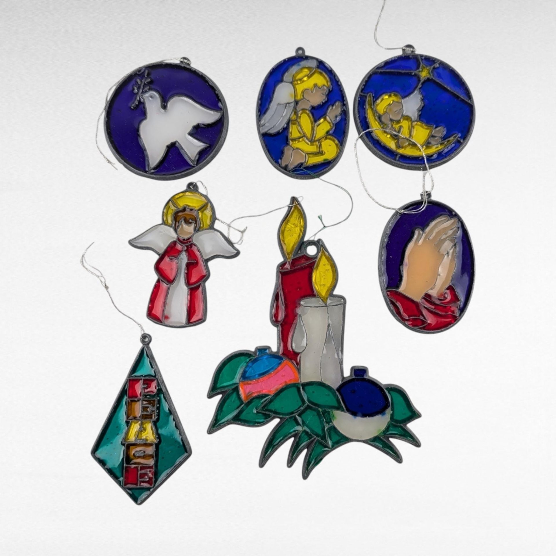 Vintage Religious Christmas Ornaments, Handpainted Stained Glass Look, Set of 8, Angel, Dove, Candle, Gift for Christian