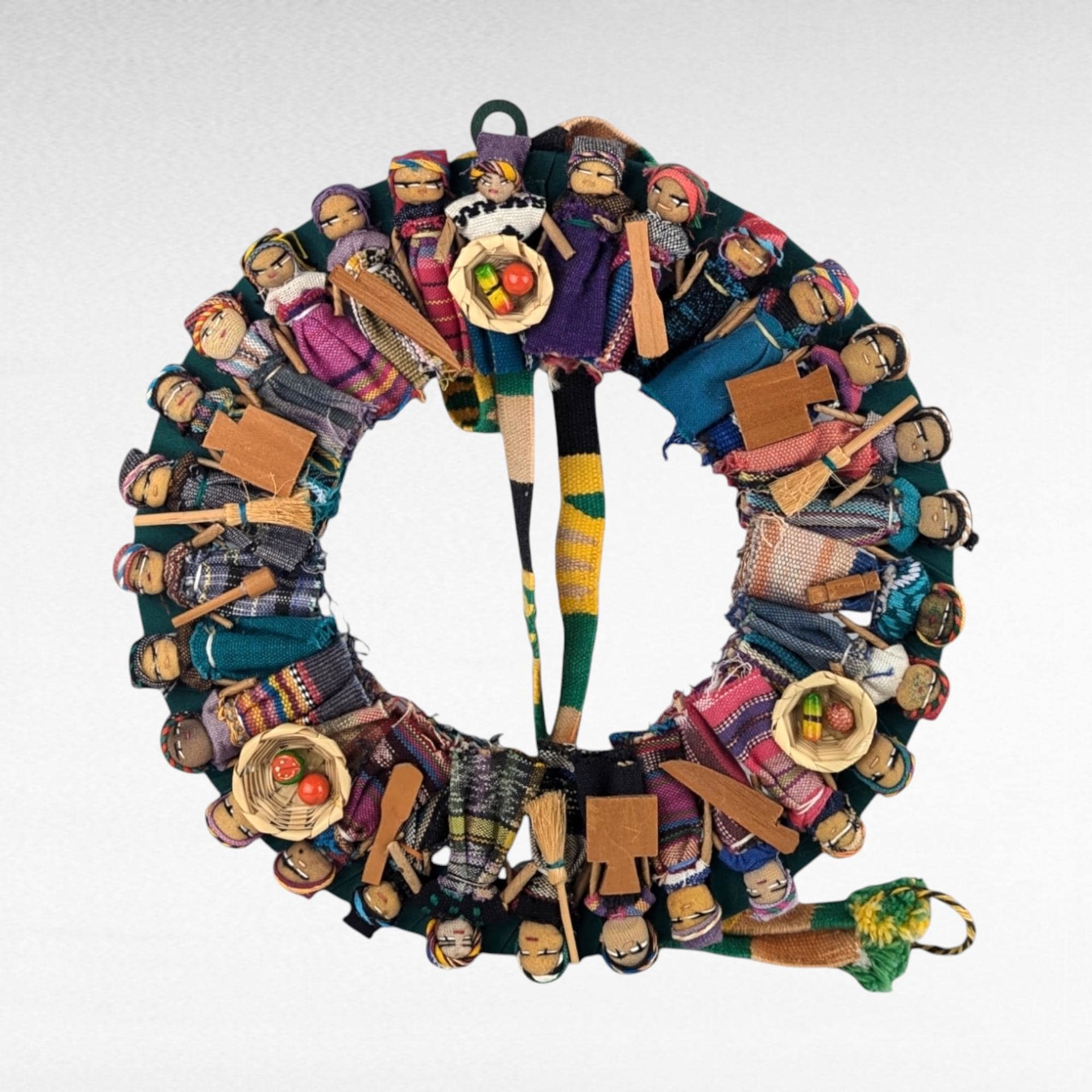 Vintage Handmade Worry Doll Wreath, Guatemalan Wall Hanging, Colorful Folk Art Decor, Bohemian Home Decor, Cultural Gift