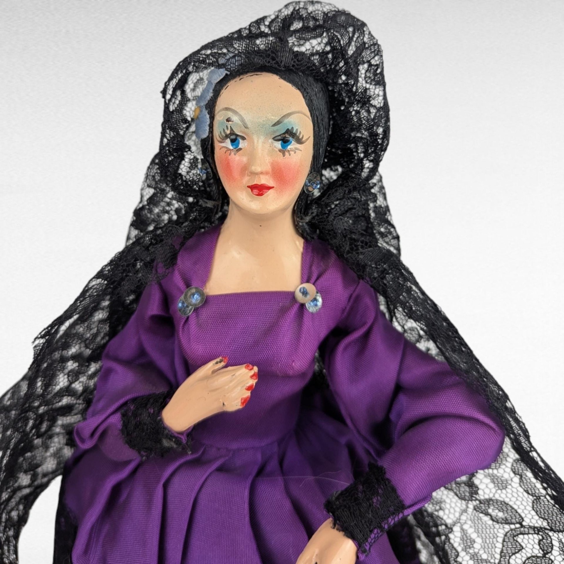 Vintage 1960s Spanish Flamenco Dancer Doll, Purple Dress, Black Lace, 11 Inches, Collectible Doll, Gift for Doll Collectors, Vintage Decor
