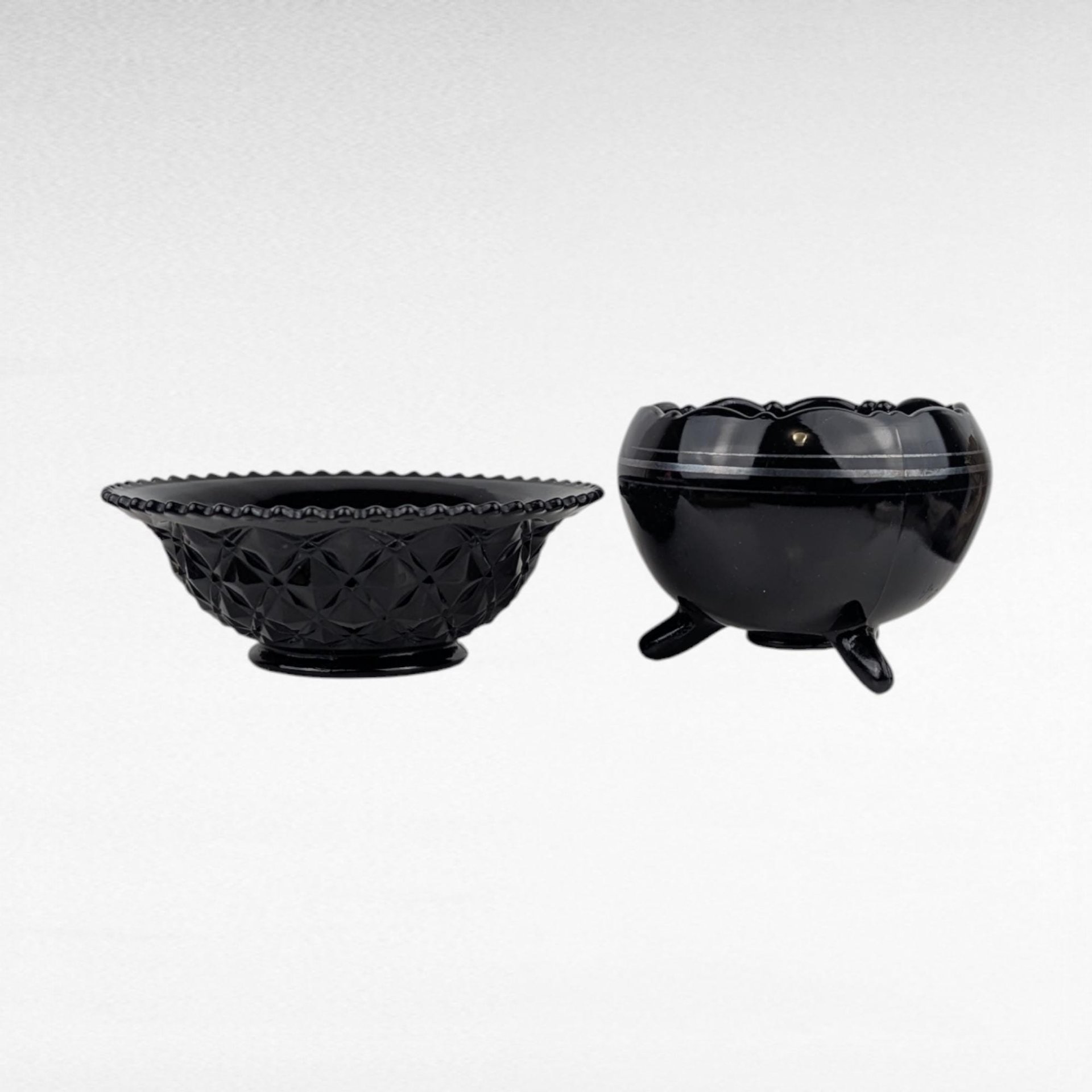 Vintage Black Glass Bowl Set, LE Smith Plate, Hand Painted Floral Bowl, Footed Bowl, Diamond Block Bowl, Gift for Collector, Home Decor