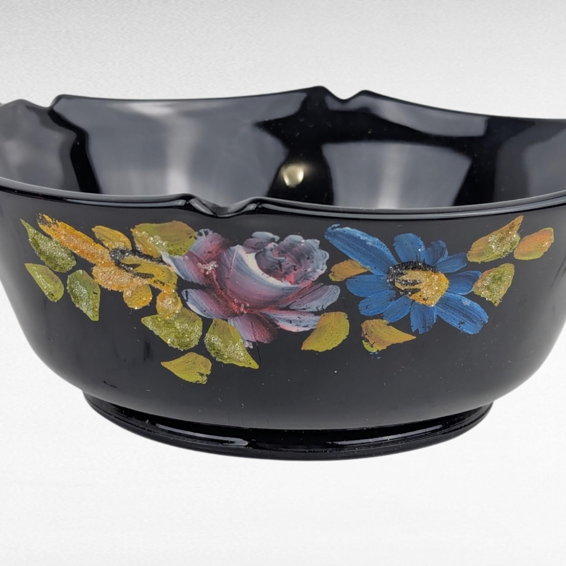 Vintage Black Glass Bowl Set, LE Smith Plate, Hand Painted Floral Bowl, Footed Bowl, Diamond Block Bowl, Gift for Collector, Home Decor