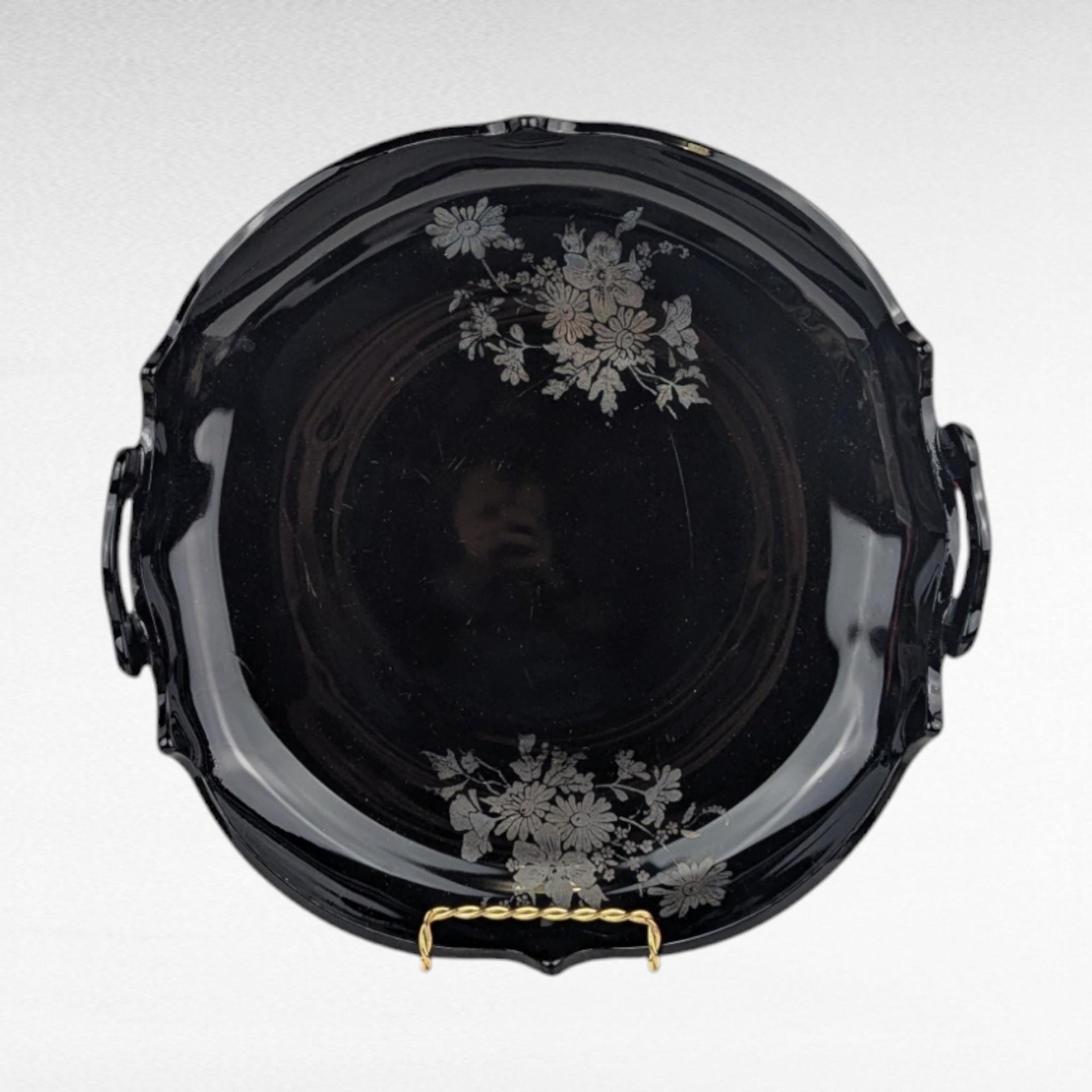 Vintage Black Glass Bowl Set, LE Smith Plate, Hand Painted Floral Bowl, Footed Bowl, Diamond Block Bowl, Gift for Collector, Home Decor