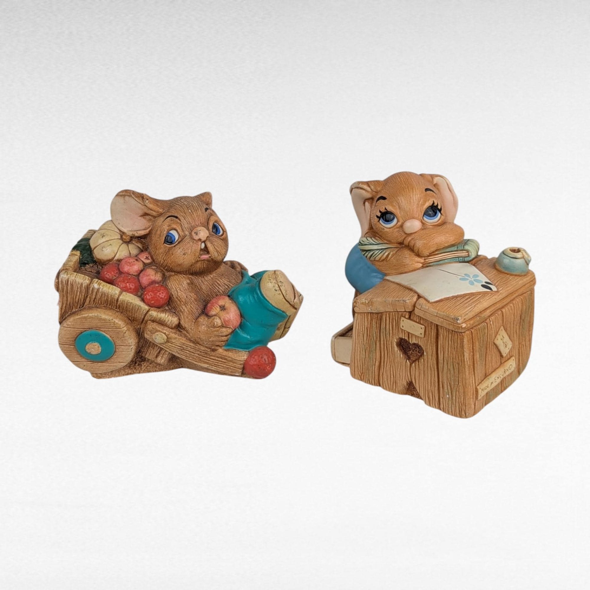 Vintage Pendelfin Figurine Set, 11 Piece Hand Painted Stone Craft Rabbits, 1956, Made in England, Gift for Collector, Nursery Decor