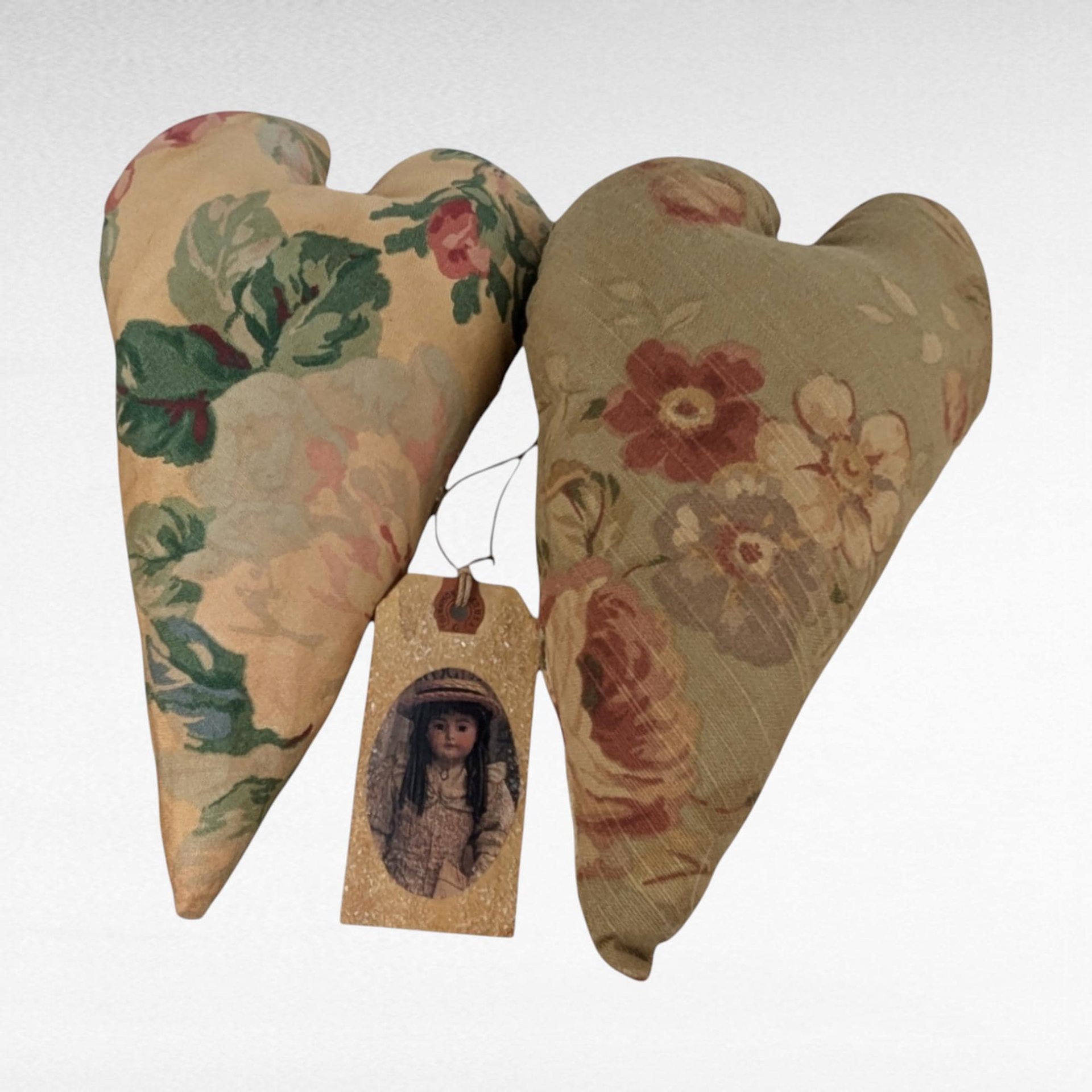 Vintage Handmade Plush Heart Pillows with Doll Faces, Victorian Style Fabric Hearts, Decorative Accent Pillows, Unique Gift