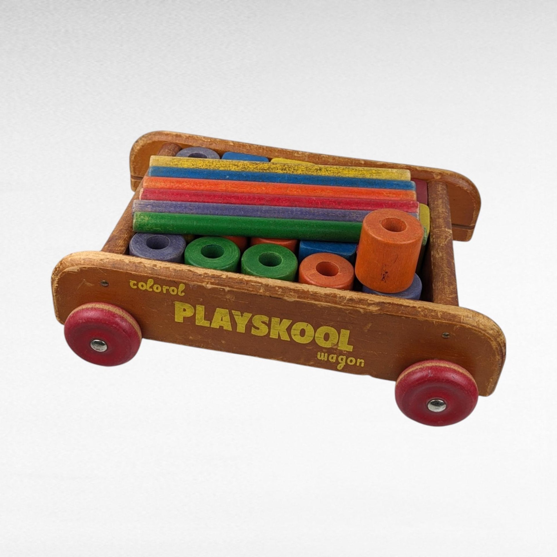 Vintage Playskool Colorol Wagon with Blocks | Wooden Pull Toy | Classic Toy | 1950s Toy | Educational Toy