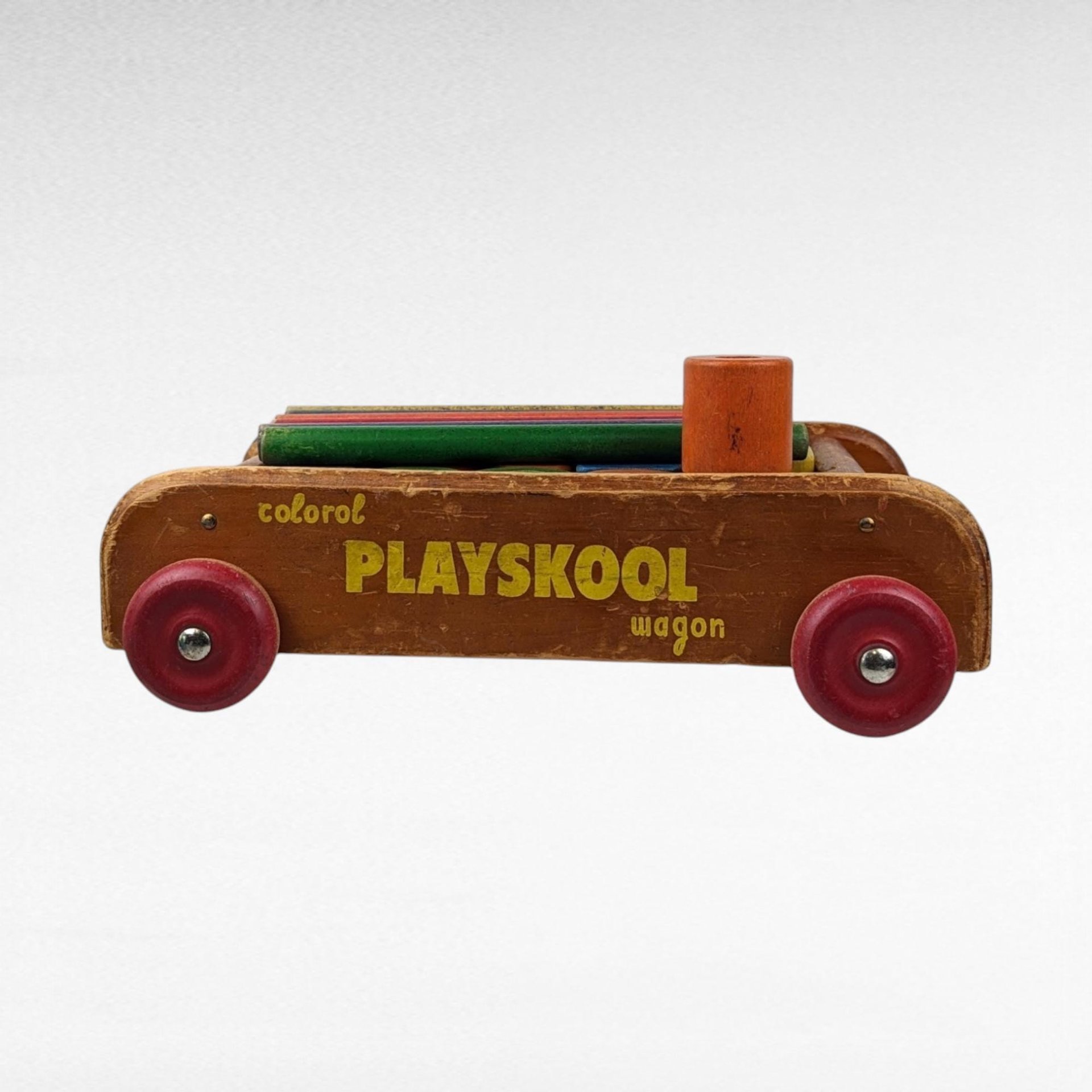 Vintage Playskool Colorol Wagon with Blocks | Wooden Pull Toy | Classic Toy | 1950s Toy | Educational Toy