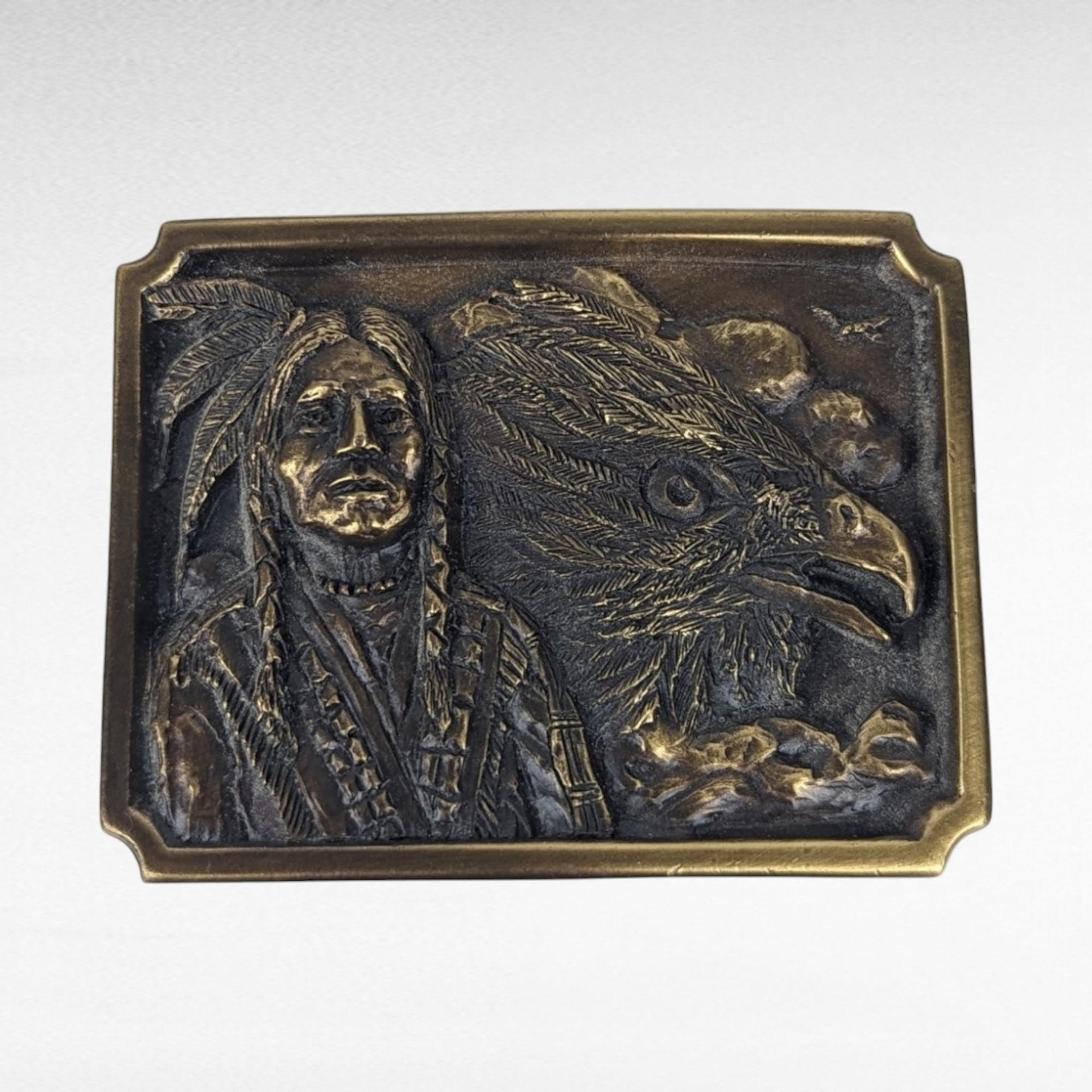 Vintage 1984 Bergamot Brass Works Native American Belt Buckle | Brass Buckle with Indian Chief and Eagle | Western Wear