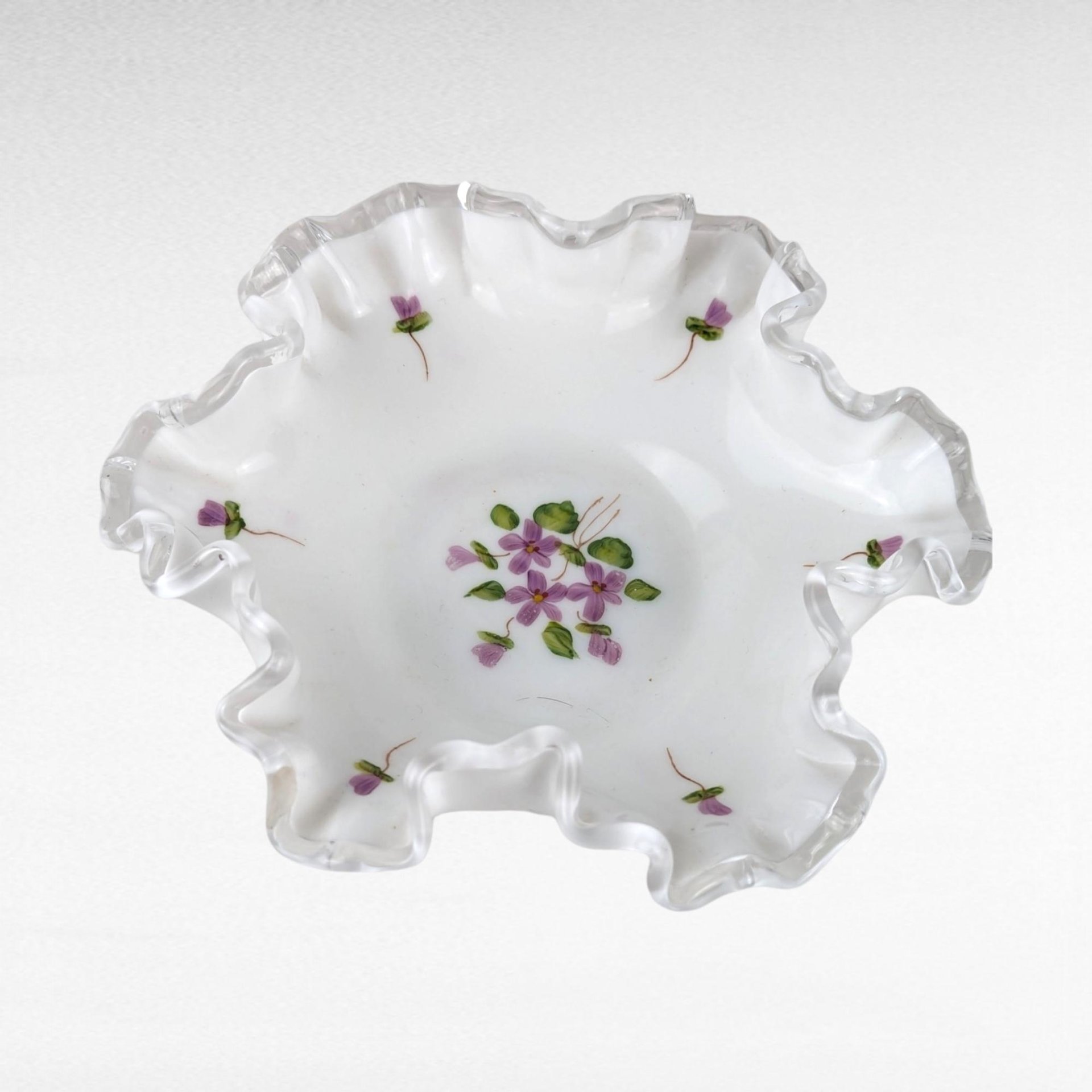 Vintage Fenton Violets in the Snow Milk Glass Dish | Ruffled Candy Dish | Trinket Dish | Collectible Glassware