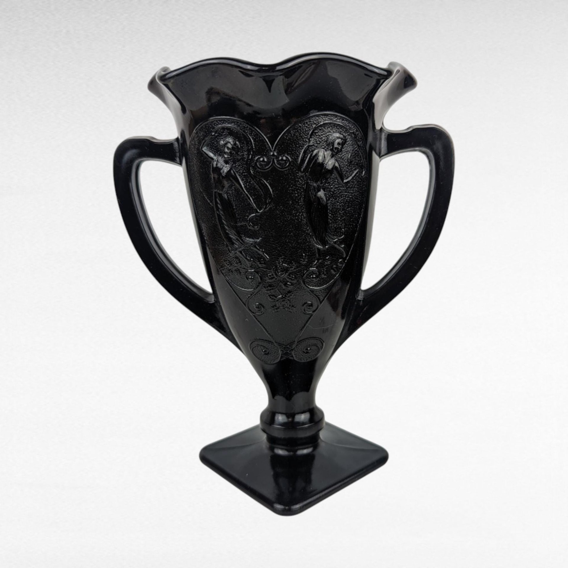 Vintage Black Amethyst Trophy Vase | Dancing Nymphs Vase | Art Deco Glassware | L.E. Smith Glass | Unique Home Decor