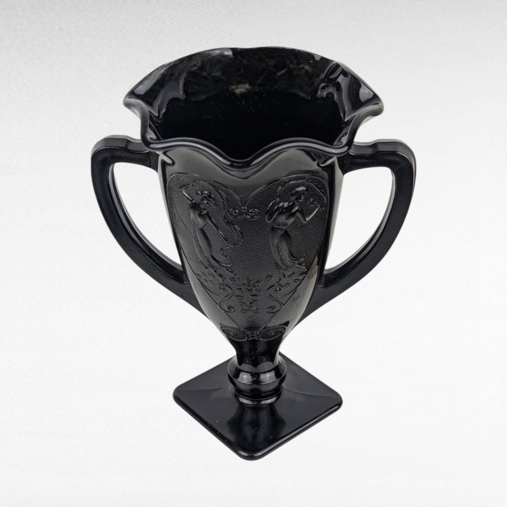 Vintage Black Amethyst Trophy Vase | Dancing Nymphs Vase | Art Deco Glassware | L.E. Smith Glass | Unique Home Decor