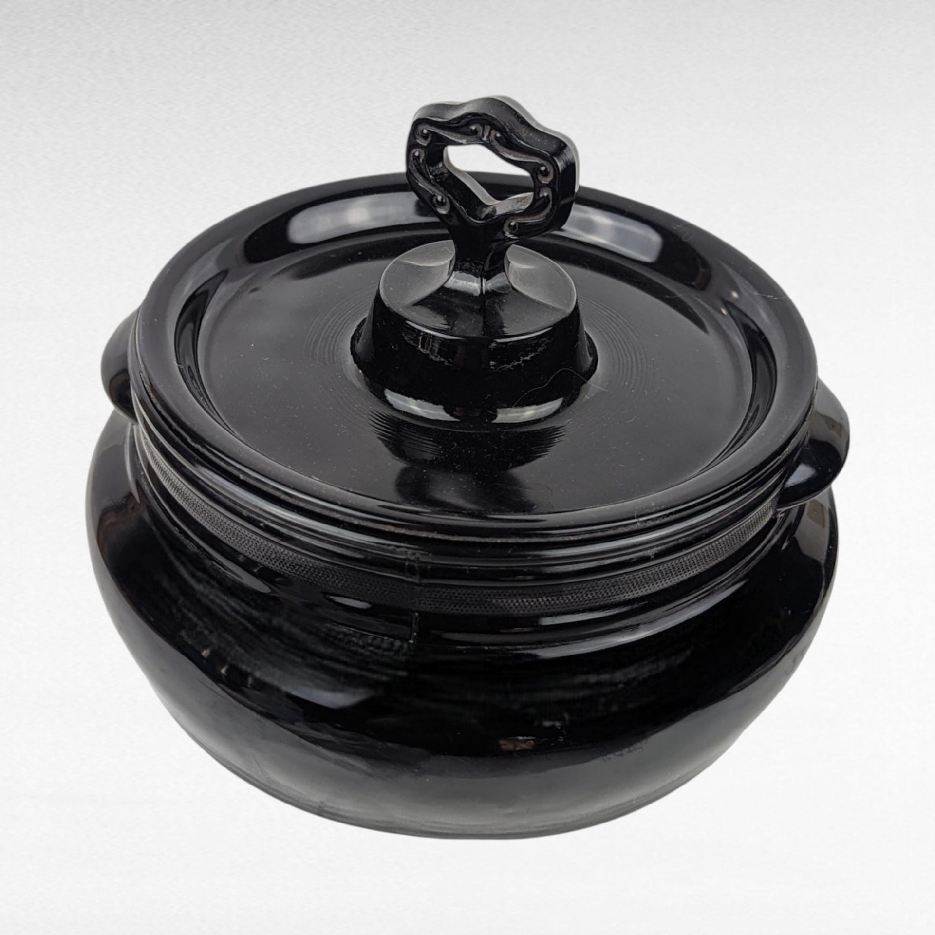 Vintage L.E. Smith Mt. Pleasant Black Glass Bean Pot with Lid | Black Amethyst Glassware |  Collectible Kitchenware | Serving Dish