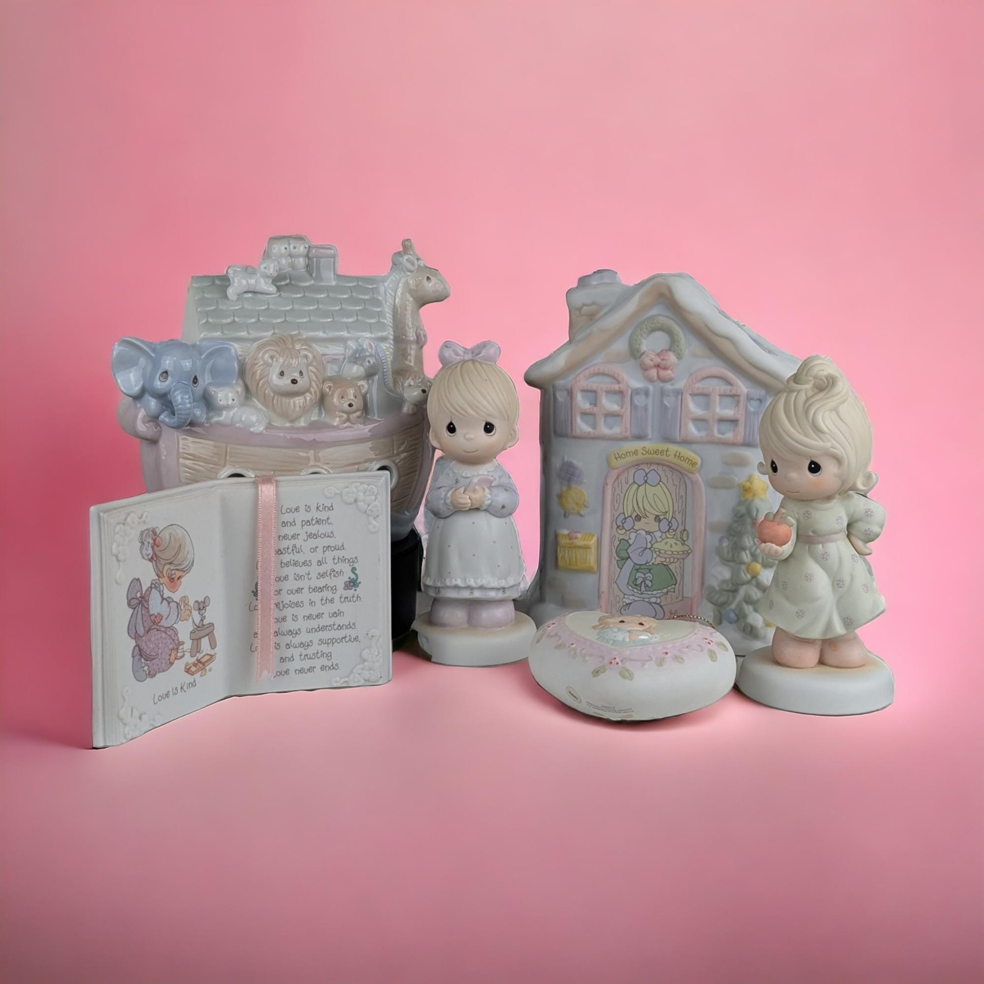 Vintage Precious Moments Figurine Lot, Noah's Ark Bank, Music Box, Girl Figurines, Home Decor, Collectibles, Gift for Collector