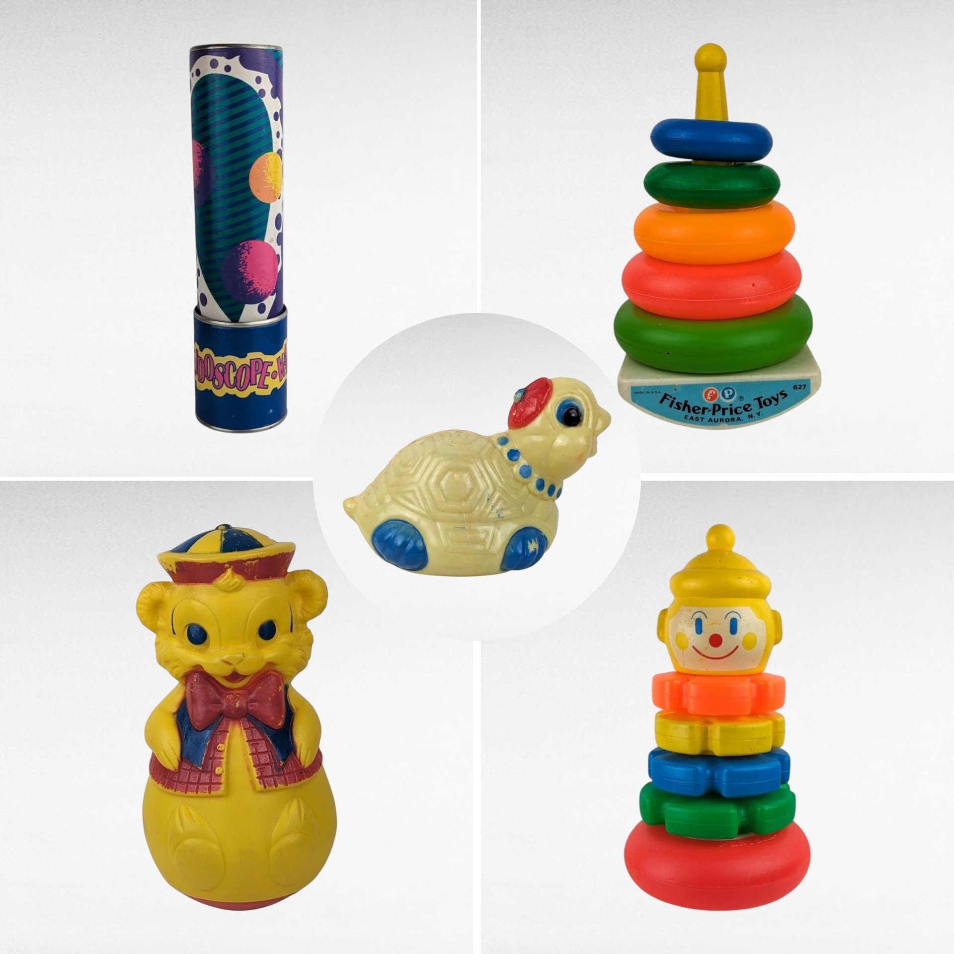 Vintage Toy Lot: Fisher Price Stacking Rings, Playskool Clown, Roly Poly Bear, Musical Turtle, Kaleidoscope - Classic Toys, Collector