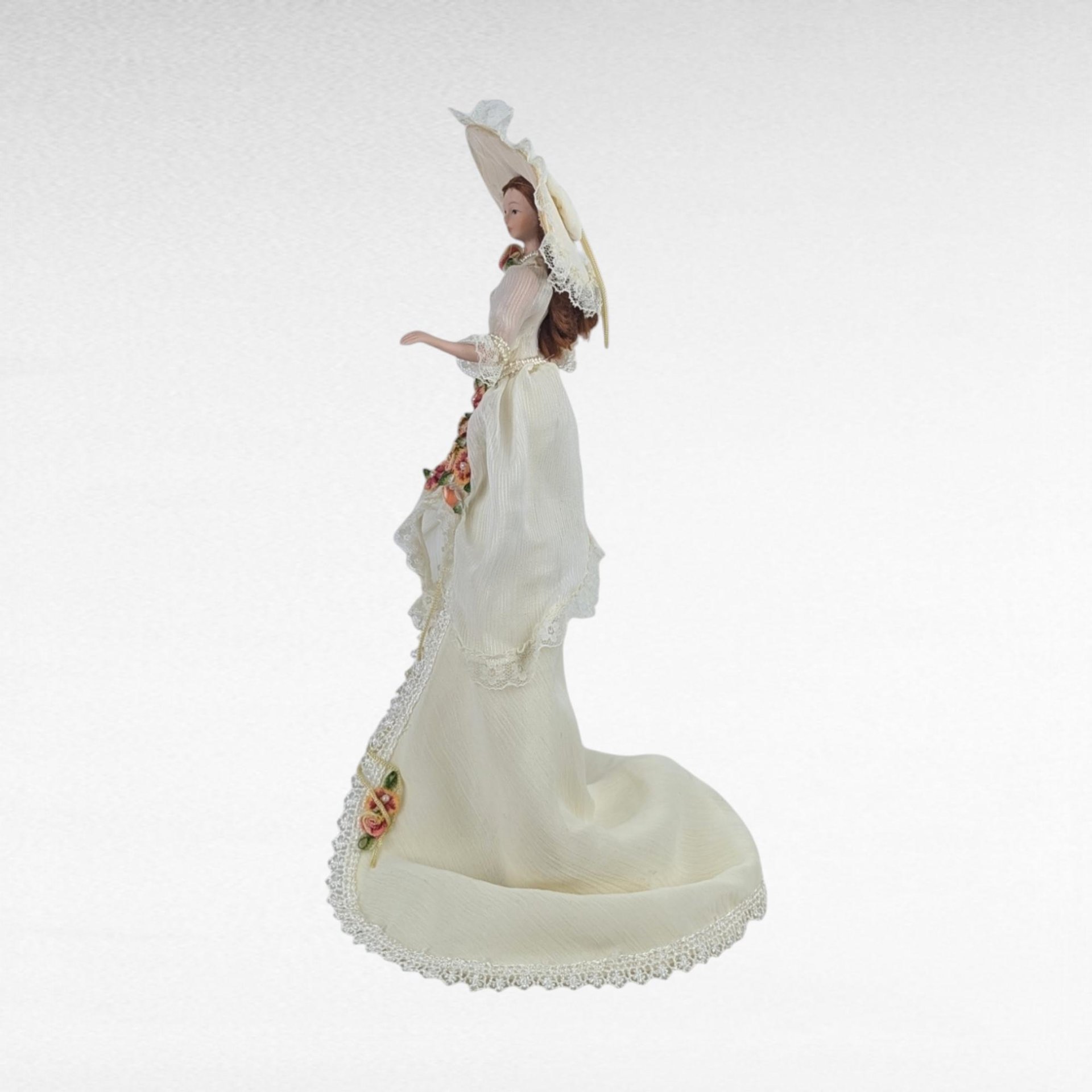 Vintage Porcelain Victorian Tassel Doll, White Dress, Roses, Umbrella, Dresser Doll, Hat, Display Doll, Gift for Doll Collector