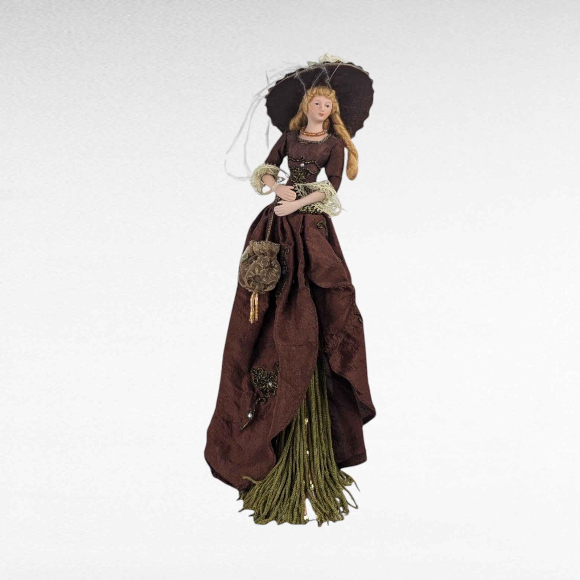 Vintage Victorian Style Porcelain Tassel Doll, Burgundy Dress, Hat & Bag, Dresser Decor, 11", Gift for Collector, Victorian Decor