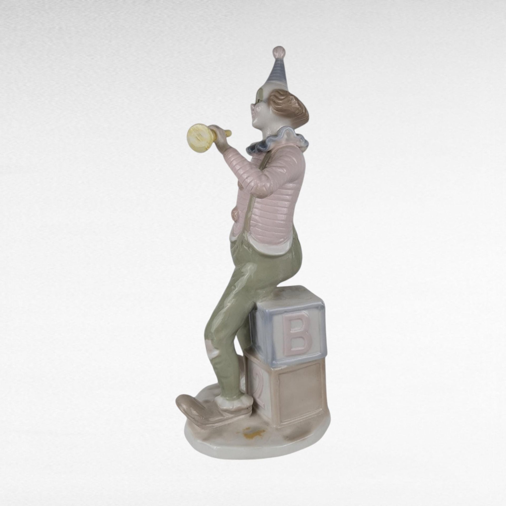 Vintage Porcelain 12 Inch Clown Figurine, Clown with Horn and Tambourine, Collectible Clown, Circus Decor, Gift for Clown Collector