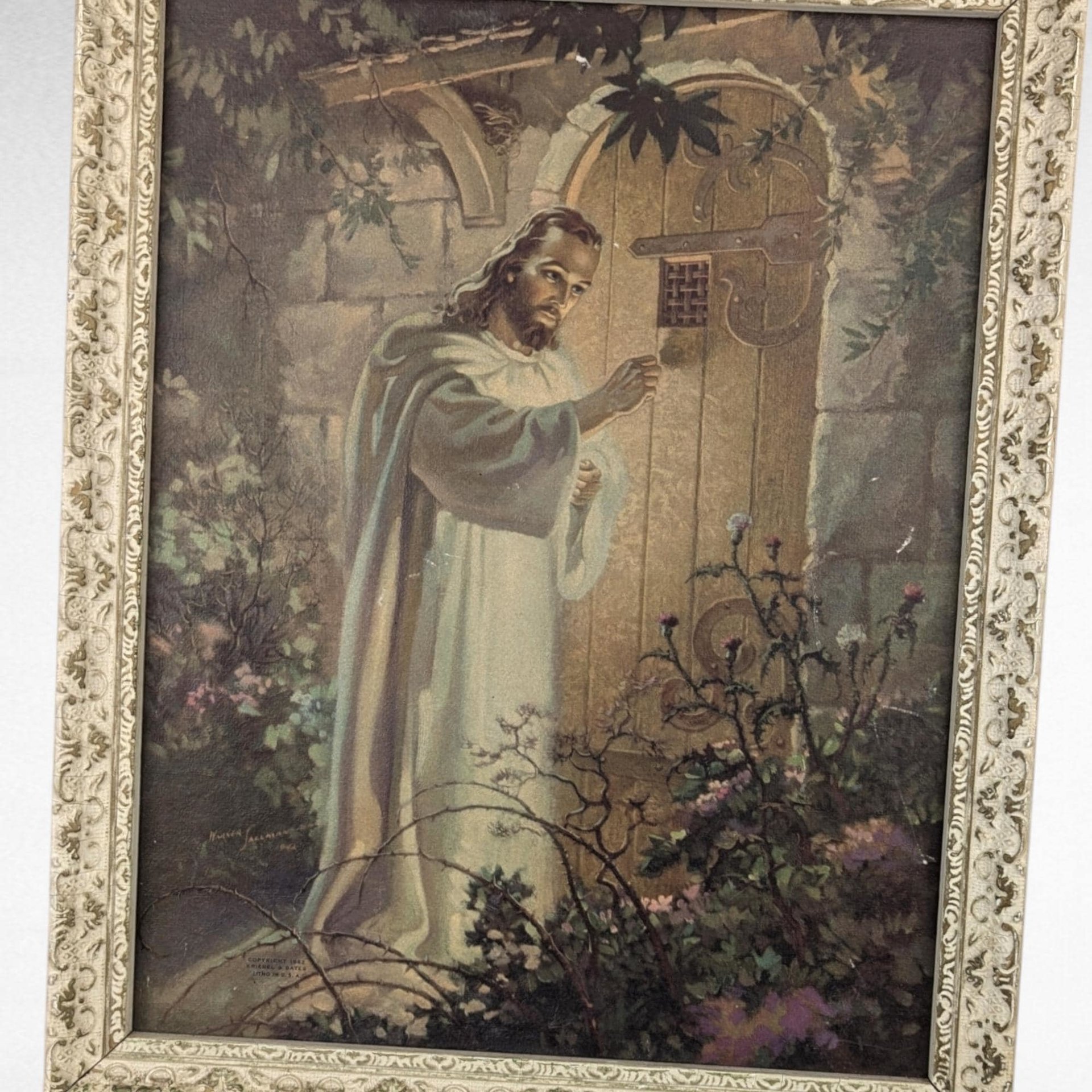 Imperfect 1942 Sallman "Christ Knocking at the Door" Lithograph, Vintage Religious Art, Framed Print, Gift for Pastor, Christian Home Decor