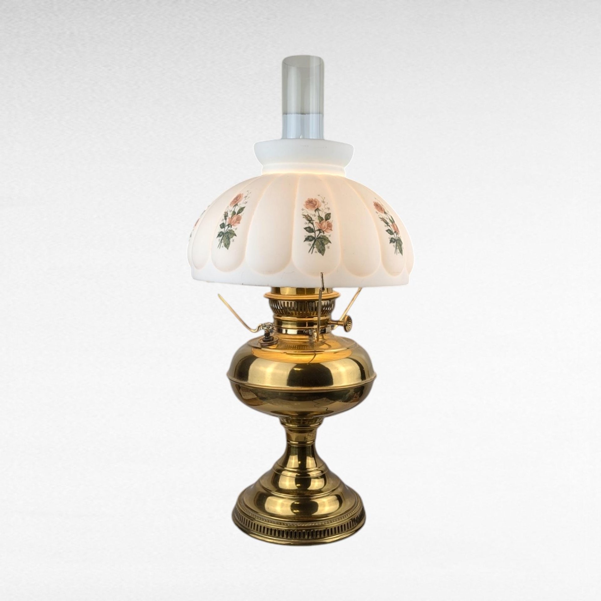 Antique Brass Hurricane Lamp, 21" Electric Lamp, Converted Oil Lamp, Vintage Home Decor, Victorian Lighting, Floral Shade
