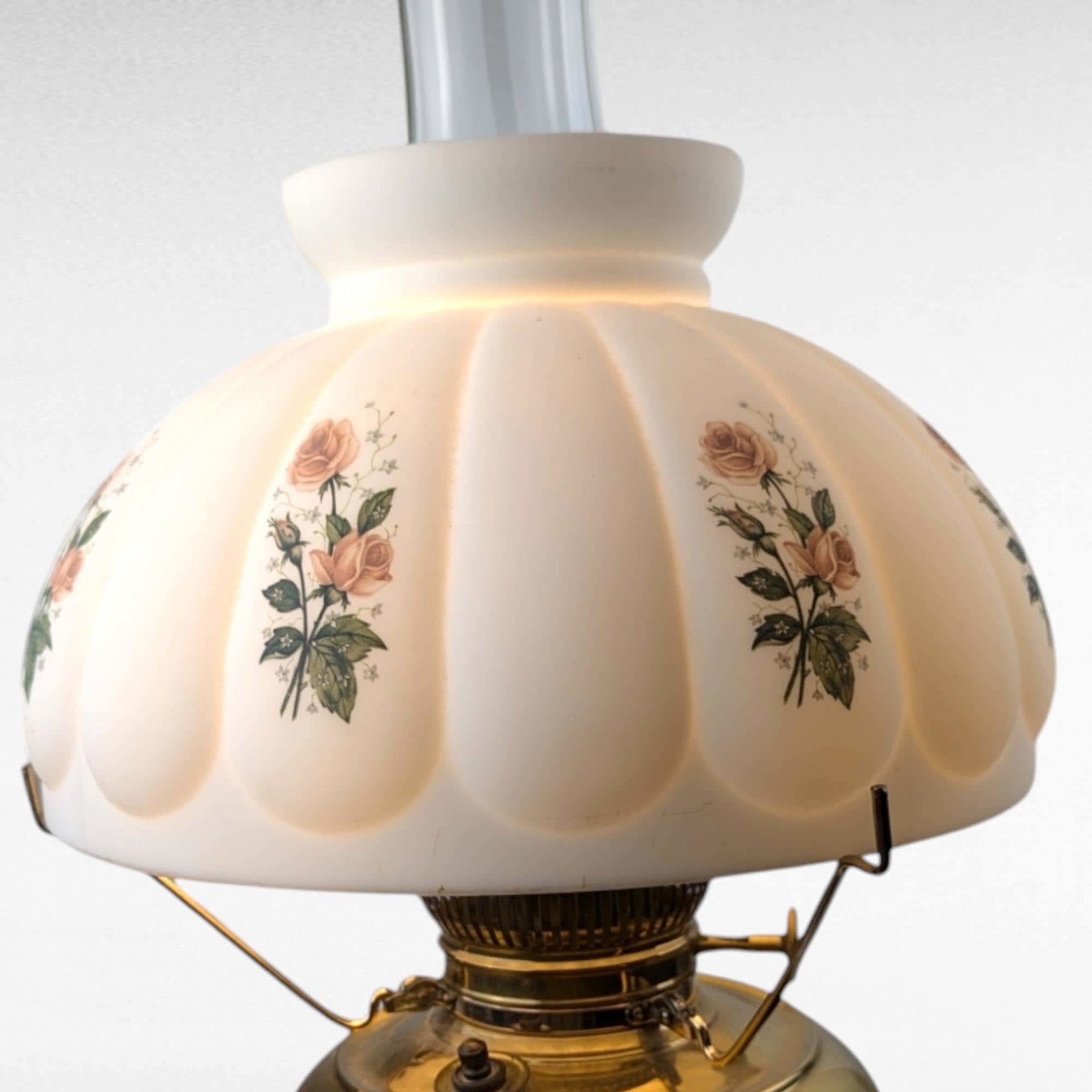 Antique Brass Hurricane Lamp, 21" Electric Lamp, Converted Oil Lamp, Vintage Home Decor, Victorian Lighting, Floral Shade