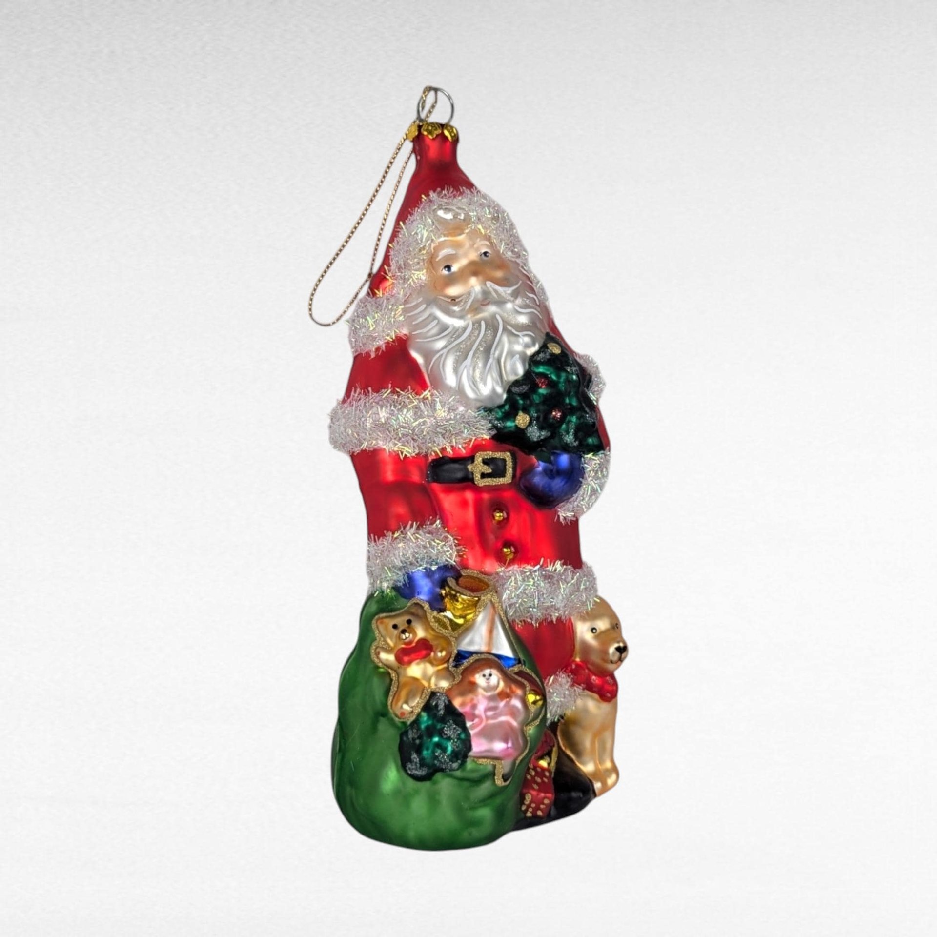 Vintage Large Glass Santa Ornament, Christmas Tree Ornament, Santa with Toys and Puppy, Holiday Decor, Figural Ornament