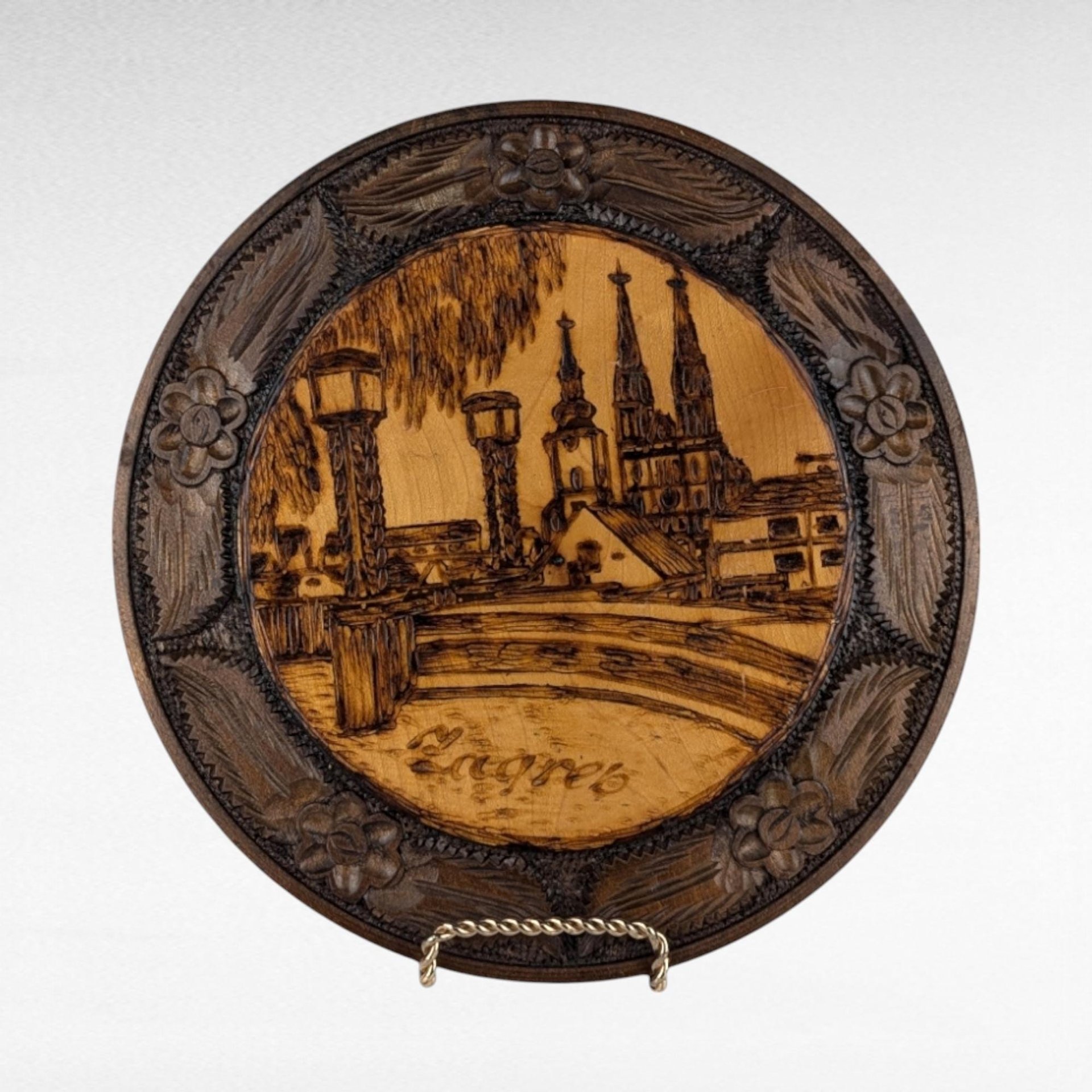 Vintage Carved Wood Burned Romanian Plate, Zagreb Cityscape Wall Decor, Romanian Folk Art, Gift for Collector, Ethnic Decor, 10.25 Inches