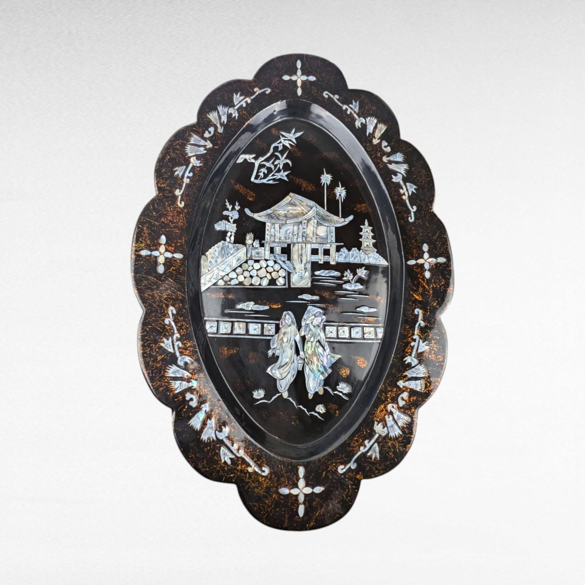 Vintage Black Lacquer Asian Shell Inlaid Wall Hanging, 23.5x16", Mother of Pearl Art, Oriental Decor, Gift for Asian Art Lovers